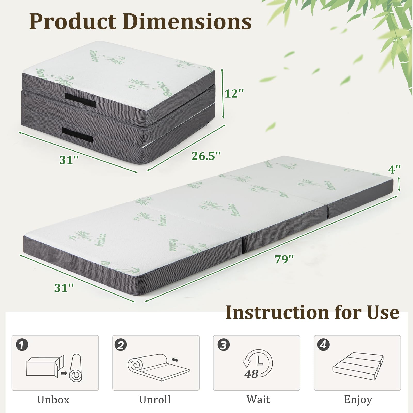 KOMFOTT 4 Inch Tri-fold Foam Mattress with Storage Bag（79" x 31"）