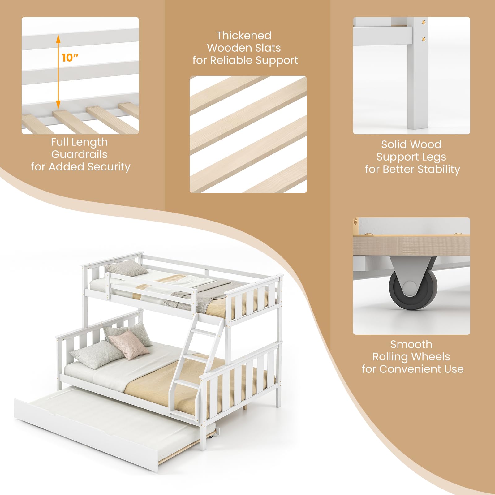 KOMFOTT Convertible 3-in-1 Twin Over Full Bunk Bed with Trundle