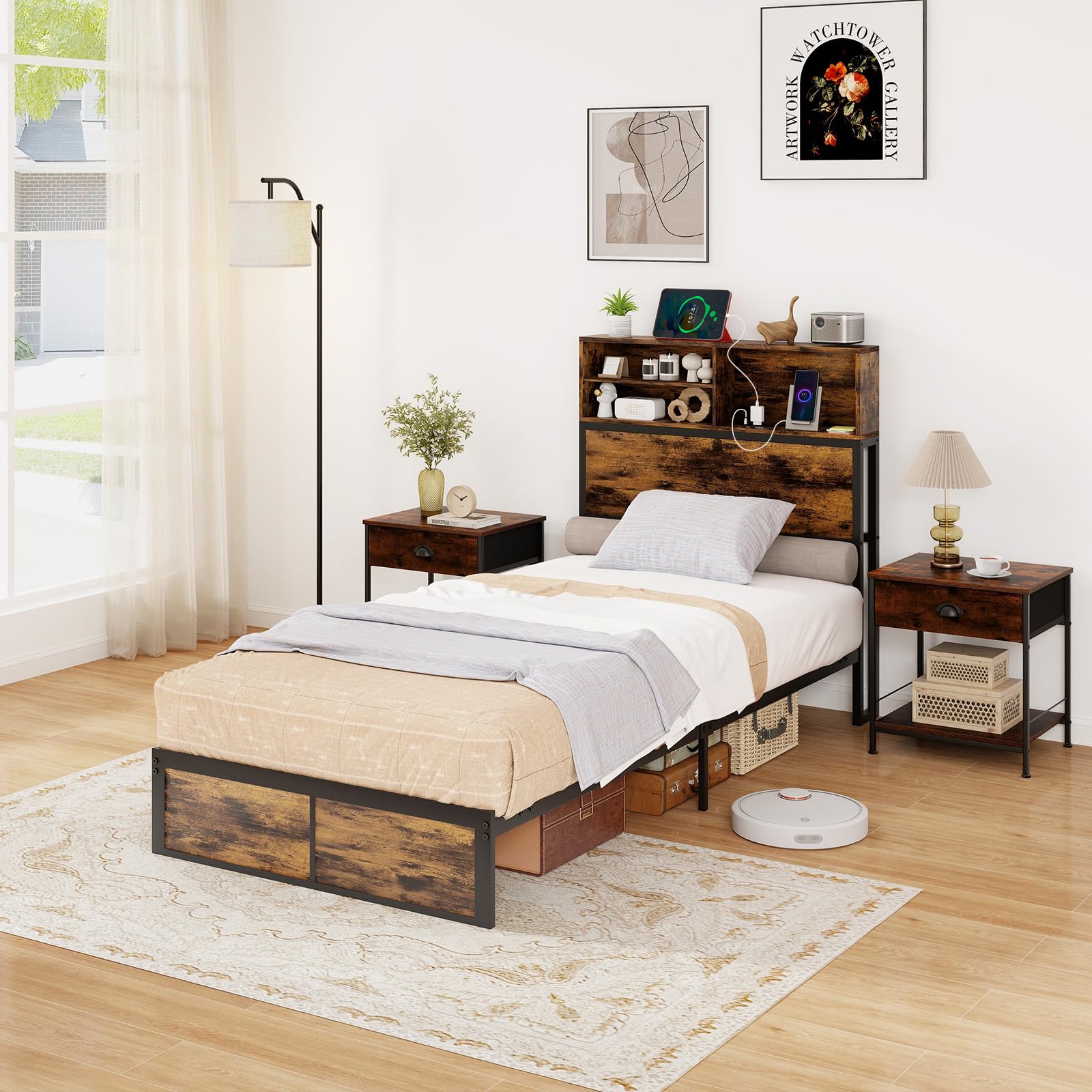 KOMFOTT Metal Platform Bed Frame with Storage Headboard & Charging Station