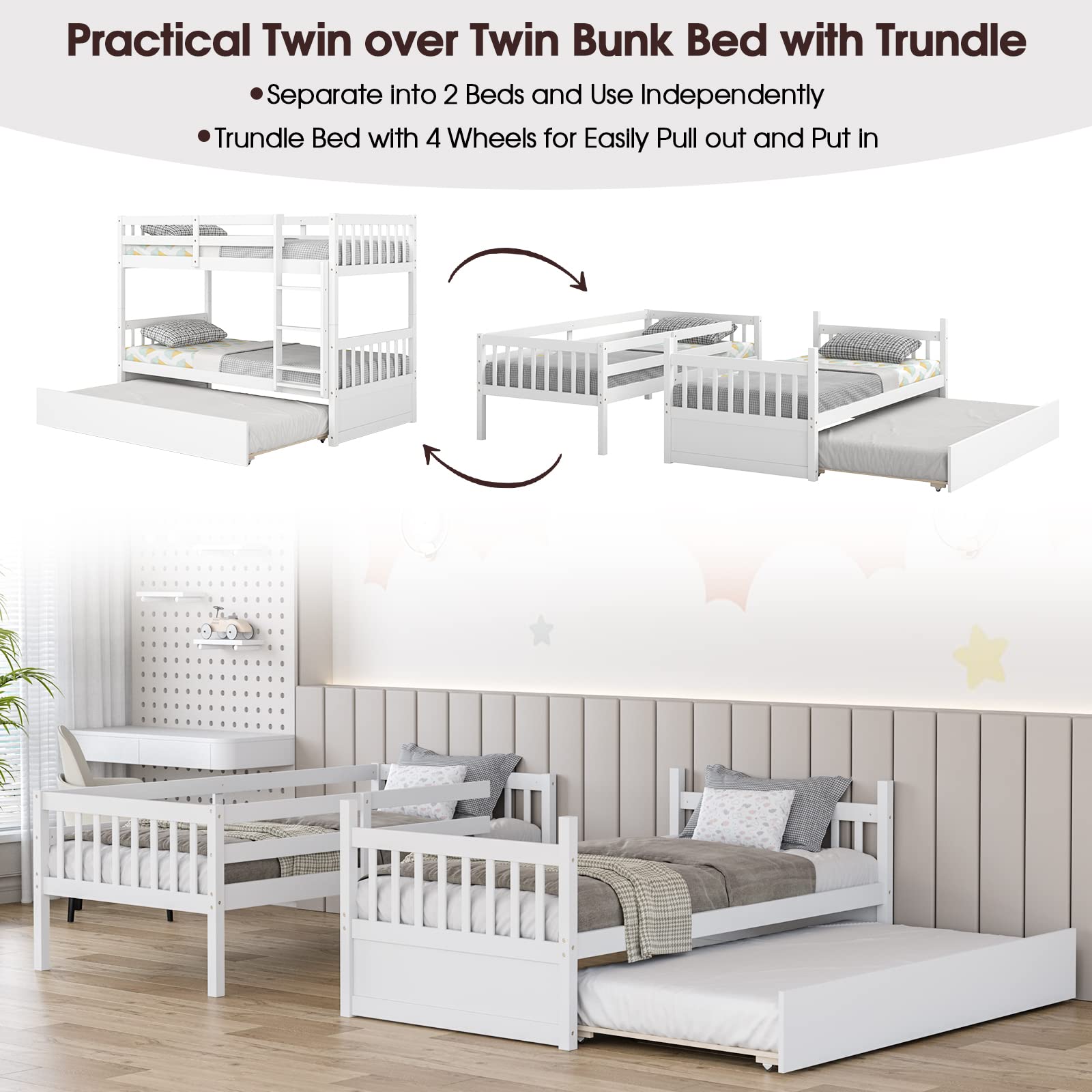Wood Bunk Bed Frame w/ Trundle Twin Over Twin KOMFOTT