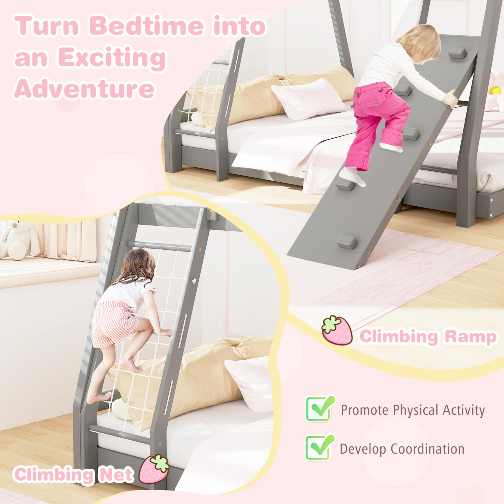 KOMFOTT Wood Twin Over Queen House Bunk Bed