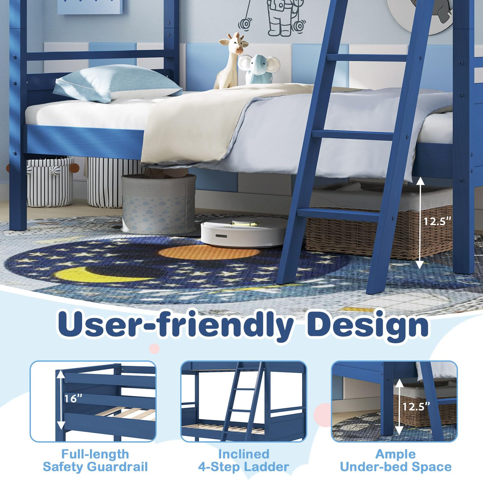 KOMFOTT Twin-Over-Twin Wood Bunk Bed, Multifunction Convertible 2 Individual Beds