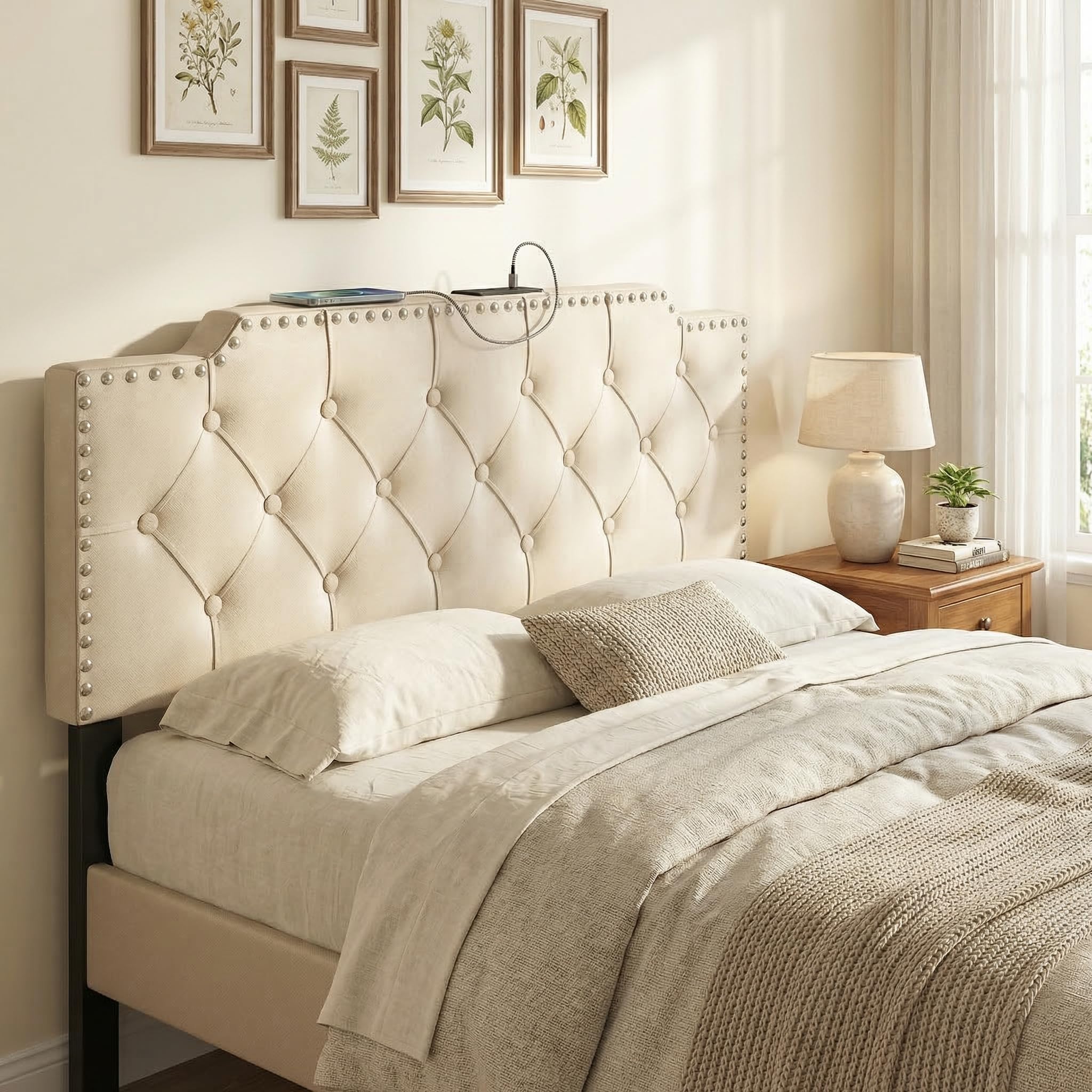 KOMFOTT Riveted Upholstered Headboard with Charging Station for Full & Queen Size Bed Frame