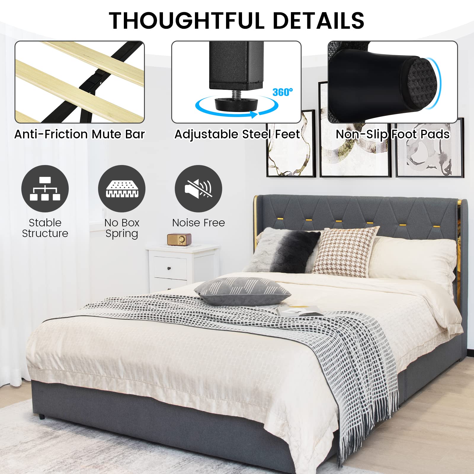 KOMFOTT Full/Queen Upholstered Bed Frame with 4 Rolling Storage Drawers, Space Saving PU Leather Bed Frame