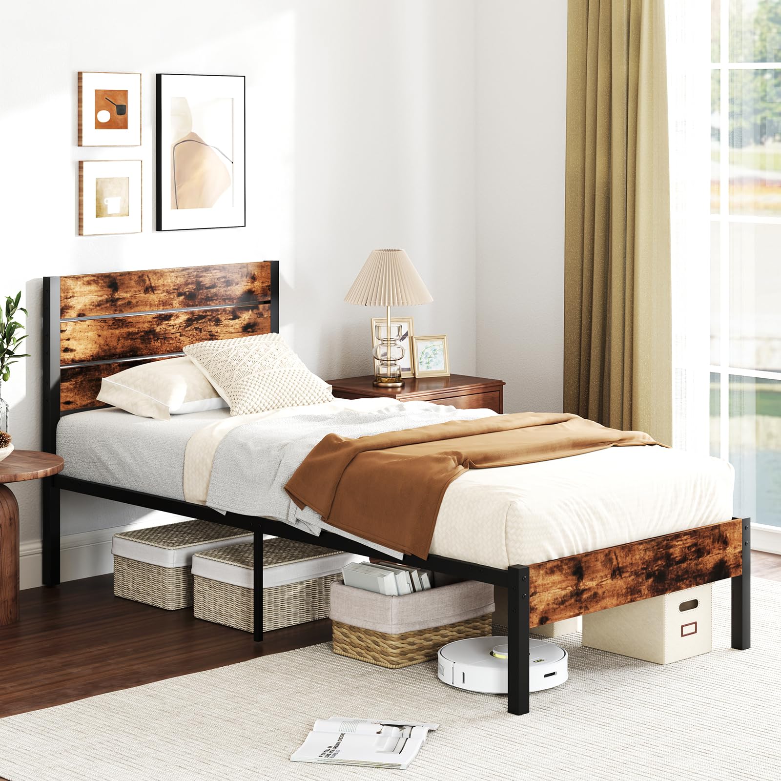 KOMFOTT  Metal Bed Frame Industrial Platform Bed Frame with Headboard