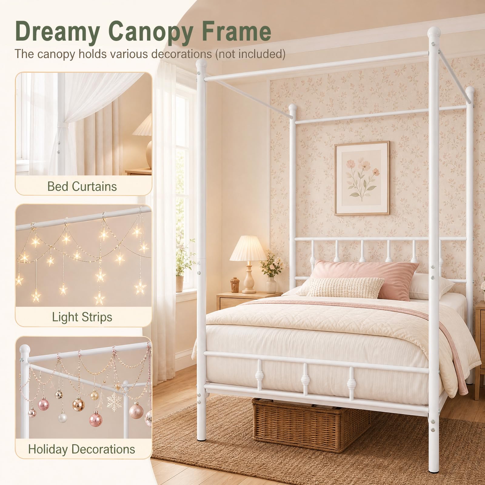 KOMFOTT Twin Canopy Bed Frame with Headboard and Footboard