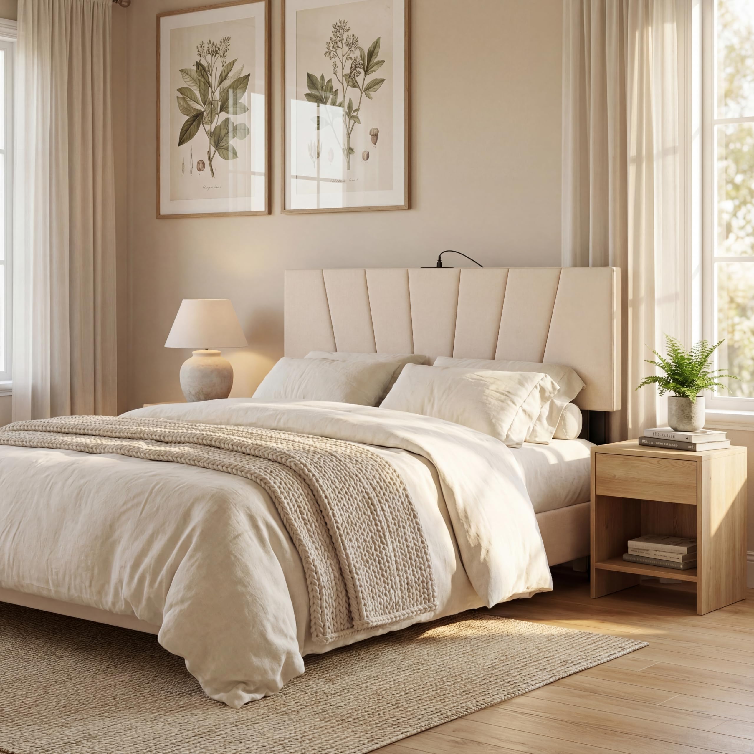 KOMFOTT Upholstered Full & Queen Headboard with Charging Station(Vertical Channel)