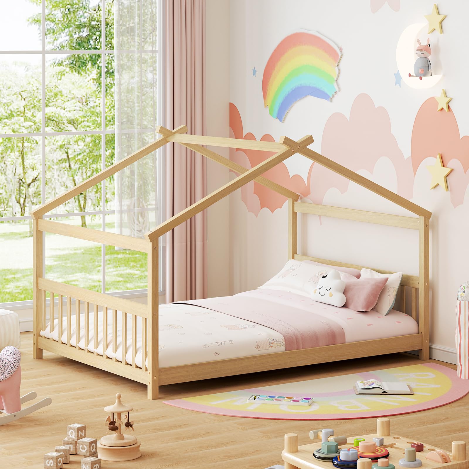 KOMFOTT Full Floor House Bed with Headboard & Footboard