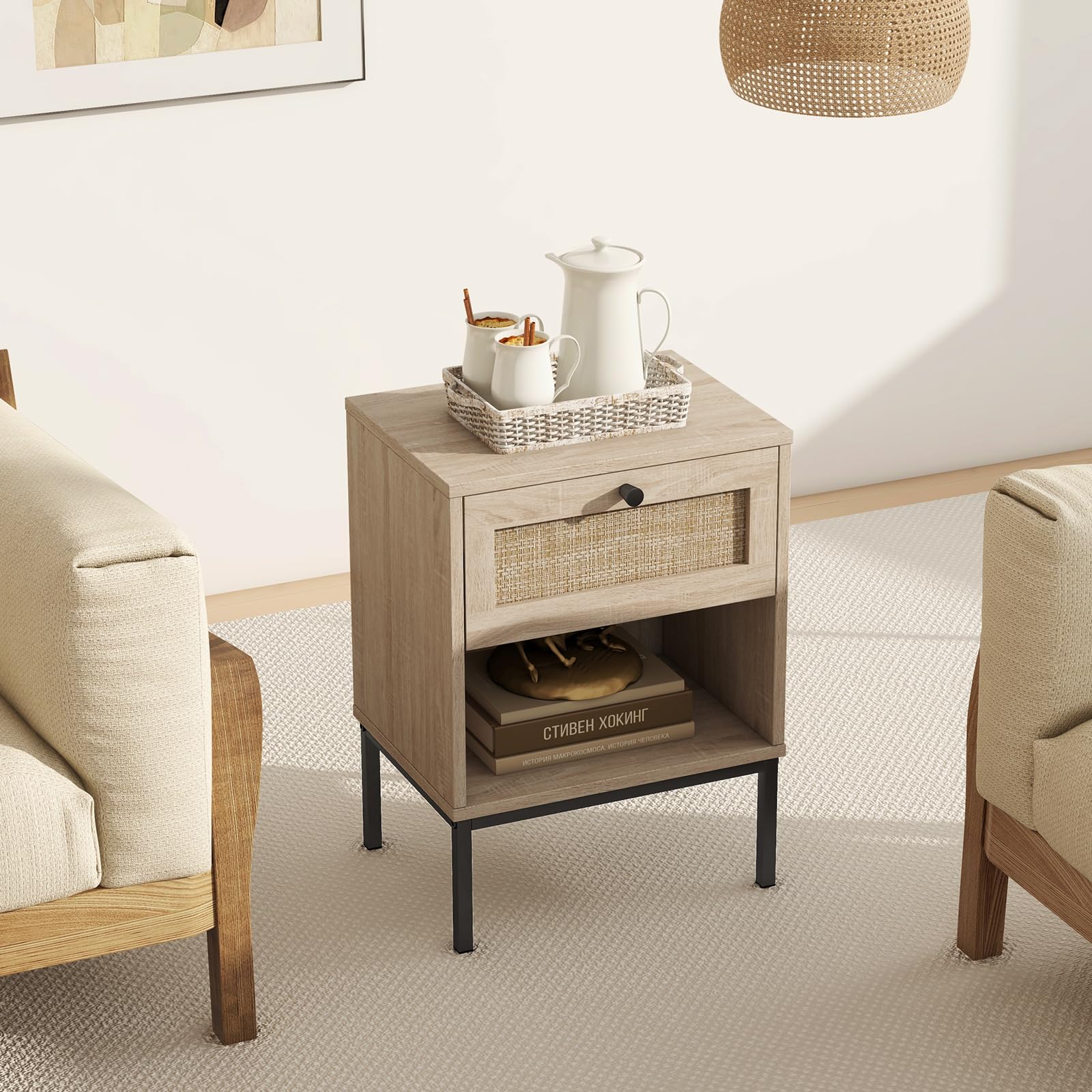 KOMFOTT Rattan Nightstand with Drawer & Open Storage Shelf