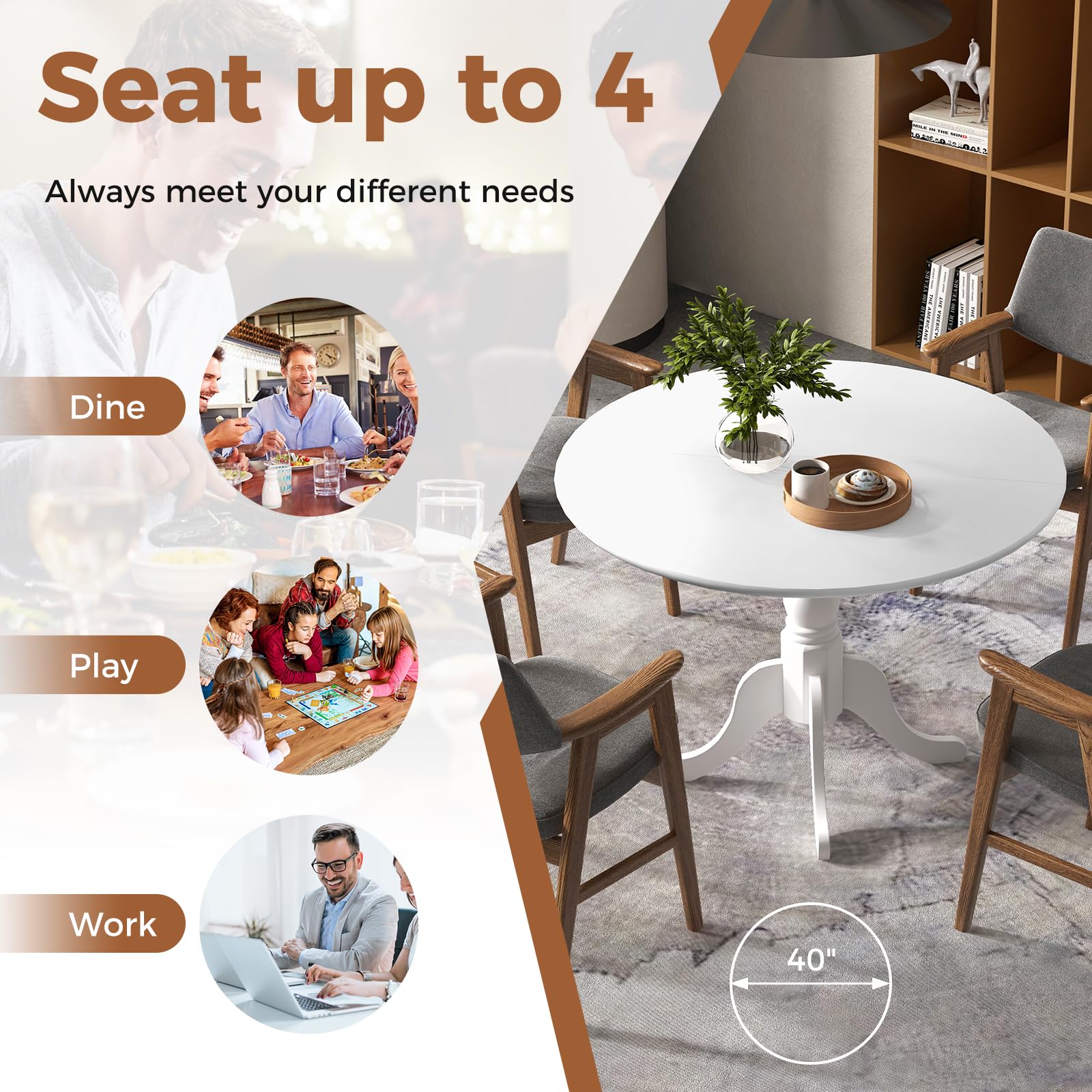 KOMFOTT Wood Round Dining Table for 4 People with Round Tabletop & Curved Trestle Legs