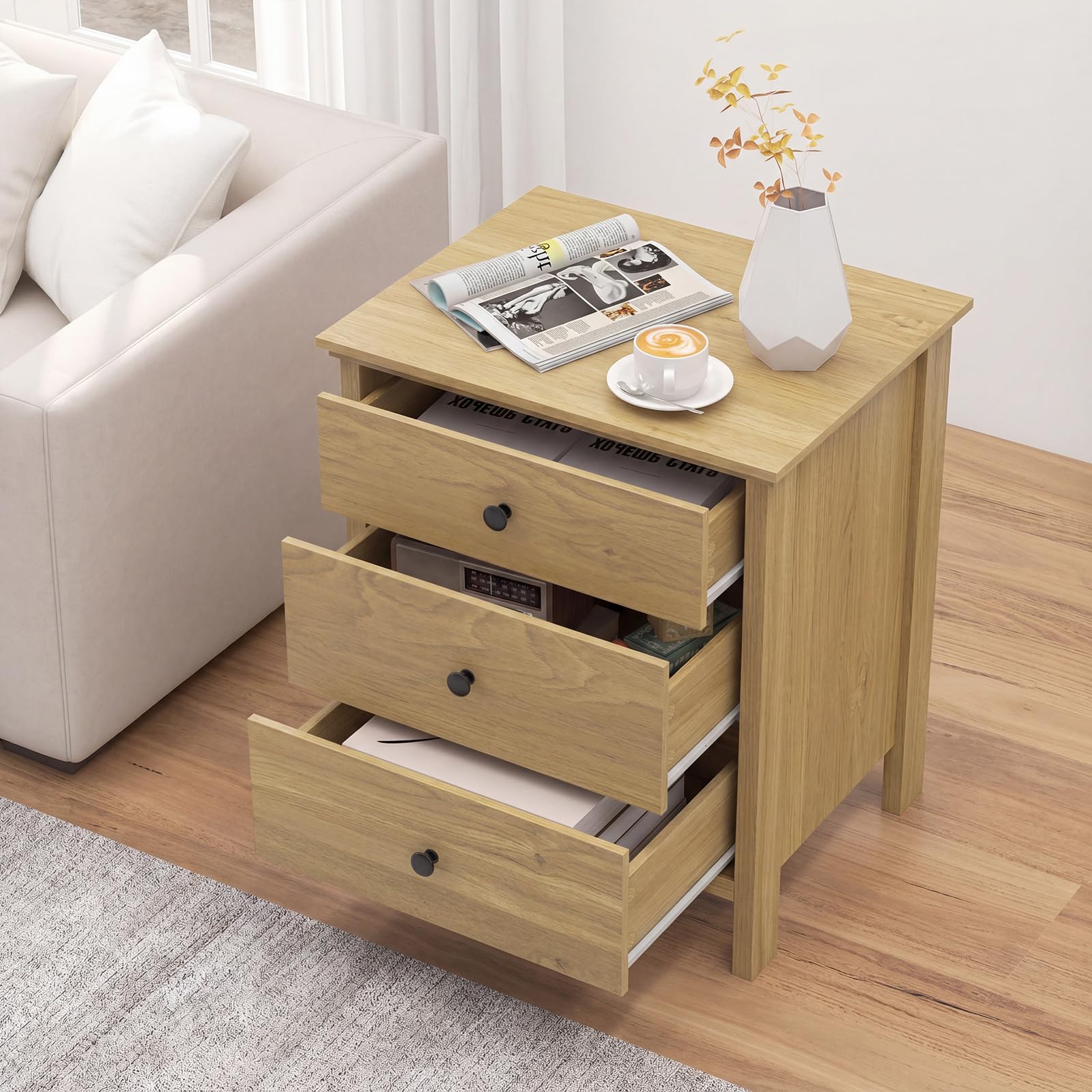 KOMFOTT 3 Drawers Nightstand Wooden Bedside Table with Ample Storage(1/2)