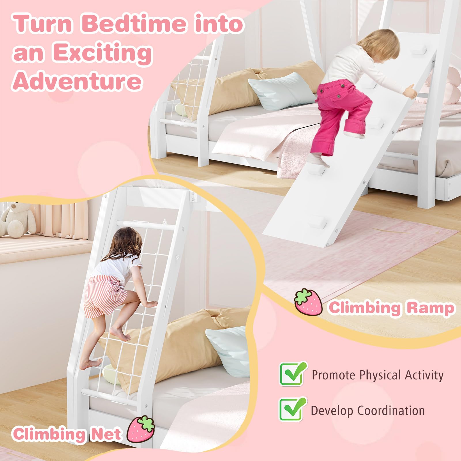 KOMFOTT Wood Twin Over Queen House Bunk Bed with Climbing Nets & Ramp