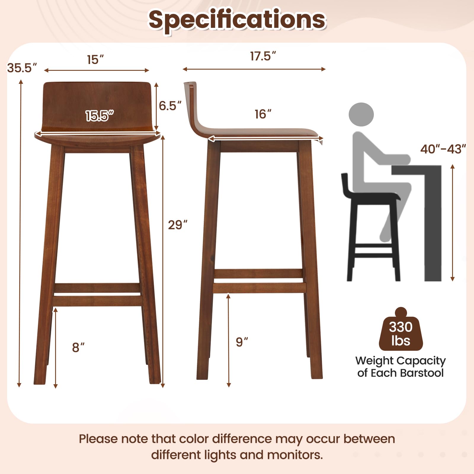 KOMFOTT Solid Wood Bar Stools Set of 2/4, Counter Height Chairs with Low Back and Footrest