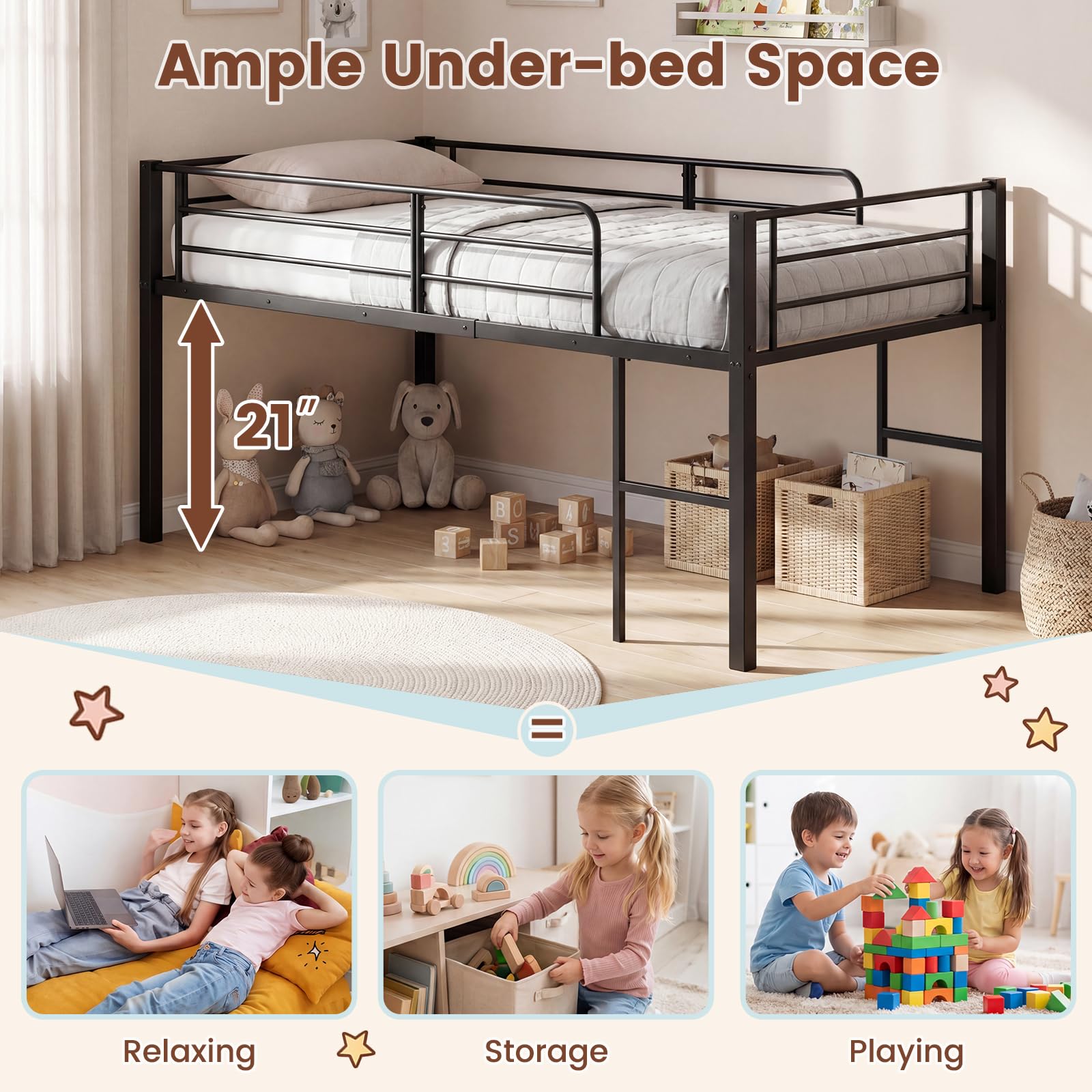 KOMFOTT Twin Size Low Loft Bed Heavy Duty Metal Bed Frame