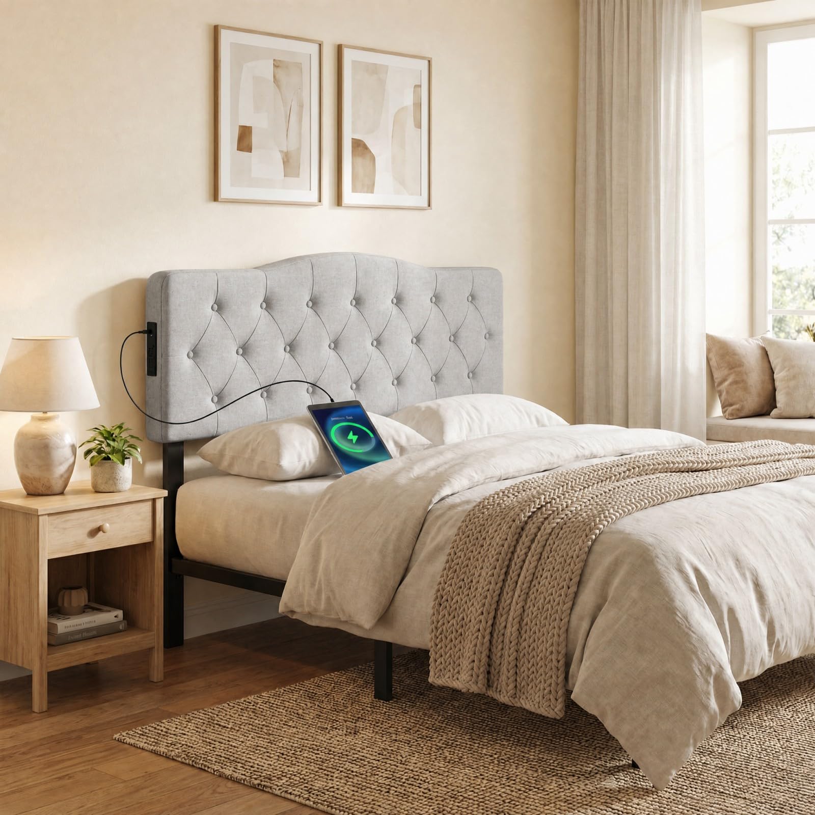 KOMFOTT Modern Headboard with Charging Station for Queen & Full Bed(Curved Button Tufted)