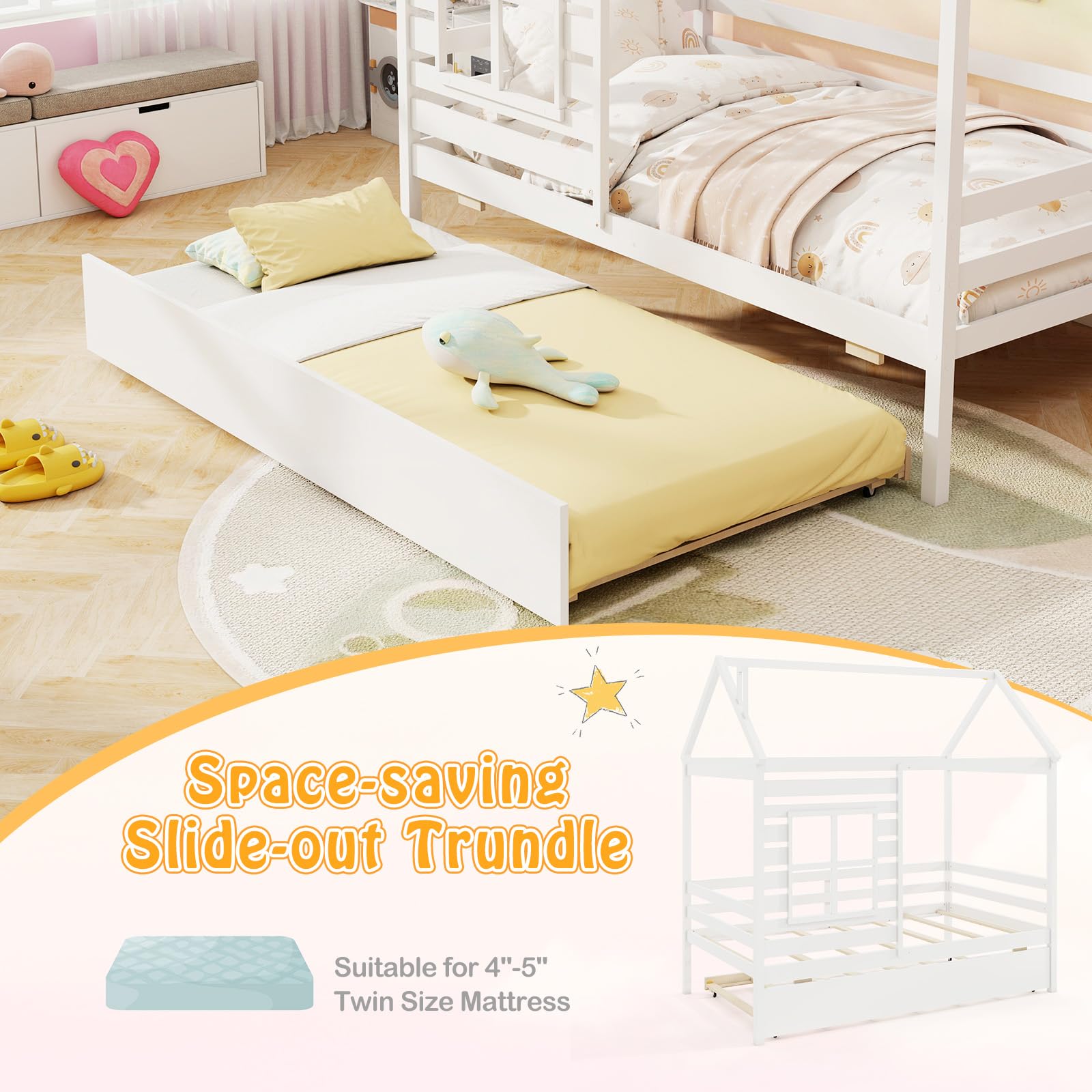 KOMFOTT Wood Twin House Bed with Trundle