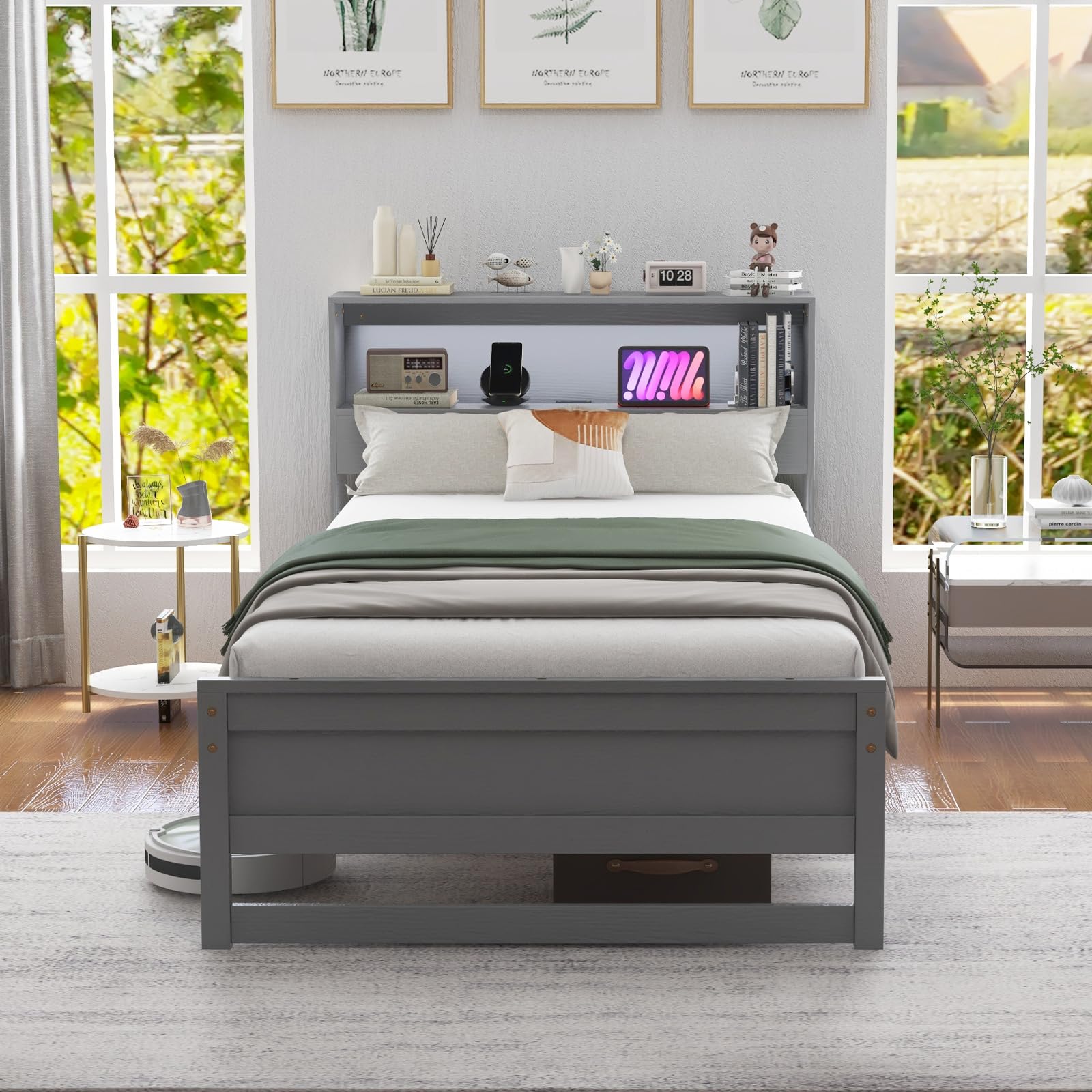 KOMFOTT Twin Size Wood Platform Bed Frame with Charging Station & LED Light