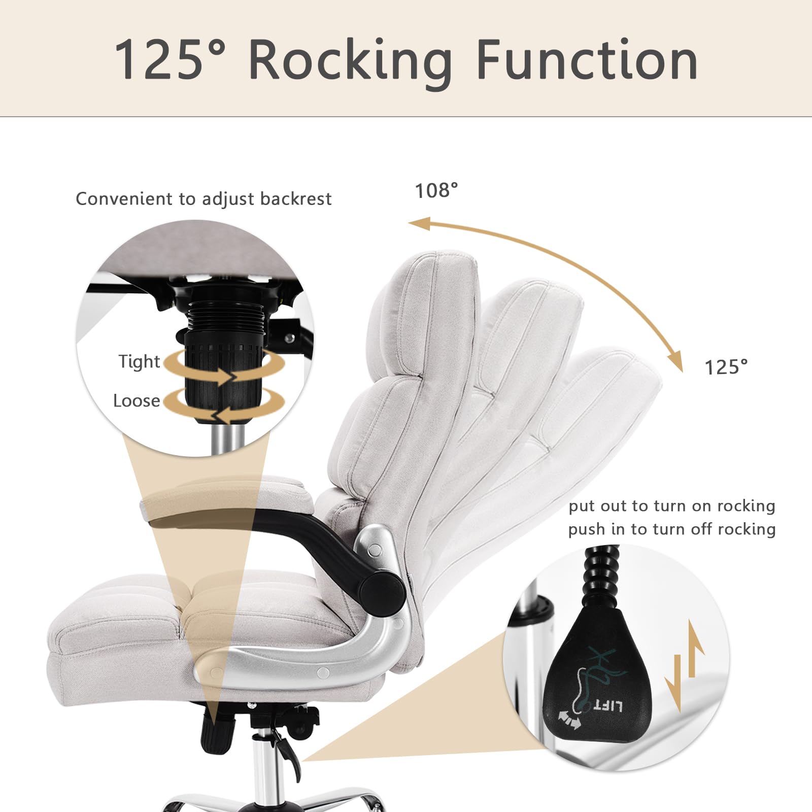 KOMFOTT Executive Office Chair, Adjustable Tilt Angle and Flip-up Armrest Linen Fabric Upholstered Chair with Thick Padding