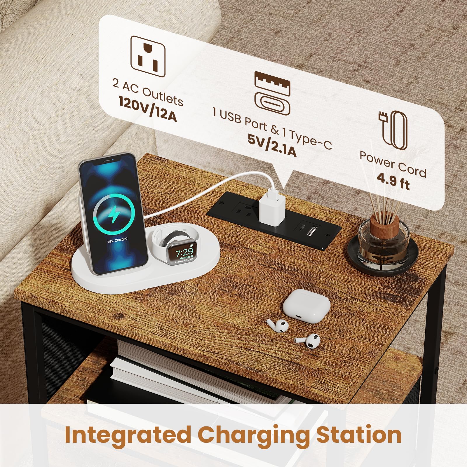 KOMFOTT 1/2 Nightstand with Charging Station 24.5" Modern Bedside Table(1 Drawer)