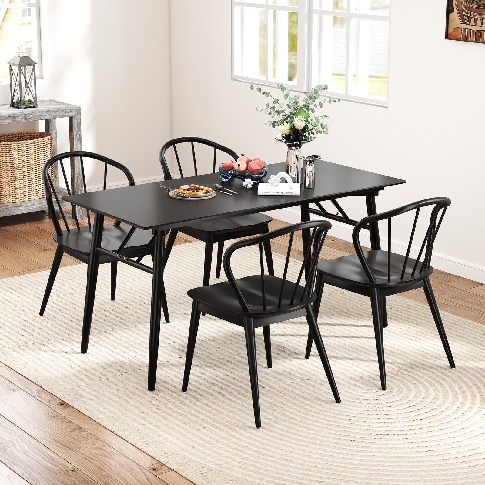 KOMFOTT Wooden Dining Chairs Set of 2/4, Windsor Kitchen Chairs w/High Spindle Back & Rubber Wood Legs, Wide Seat & Curved Backrest