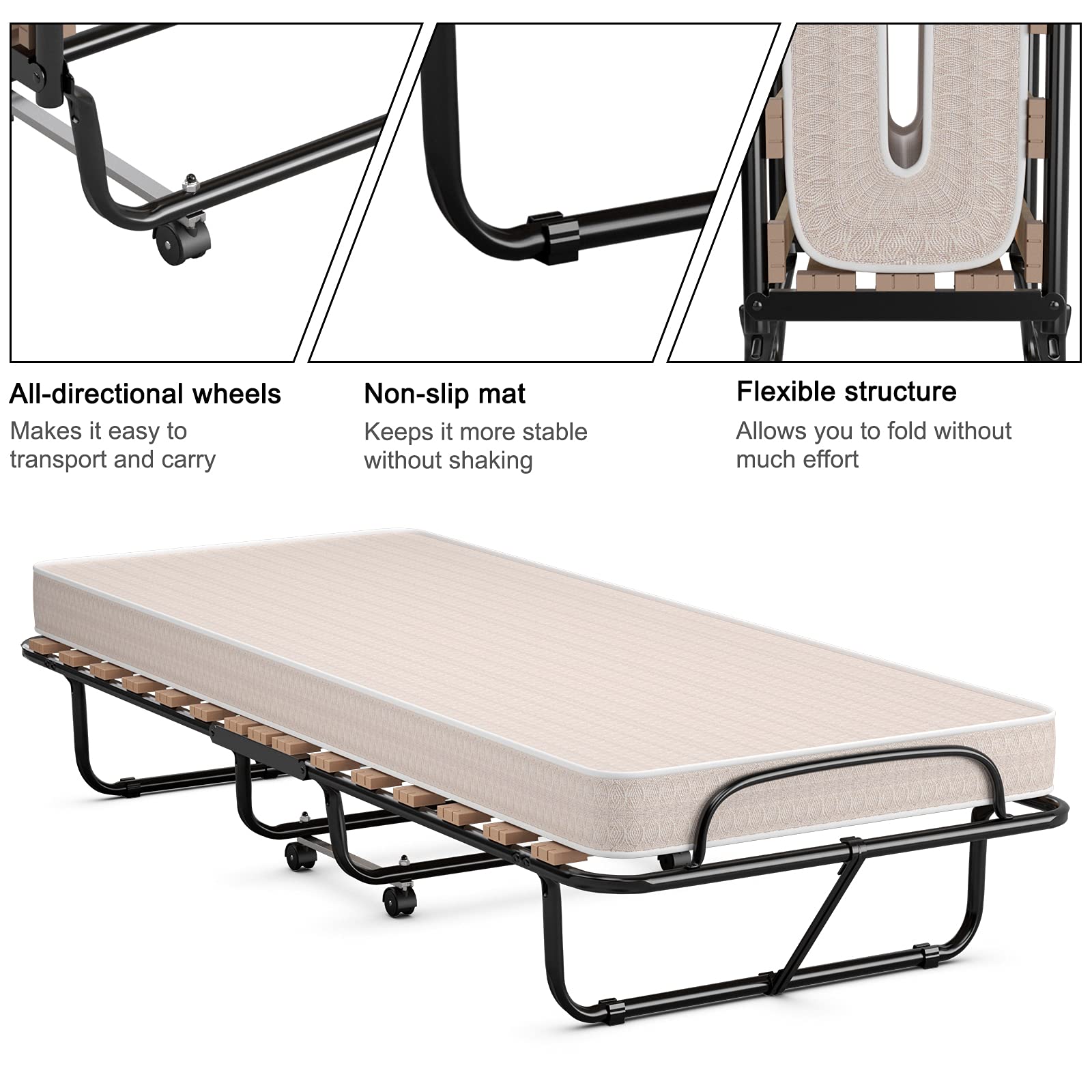 KOMFOTT Folding Rollaway Bed with 4 Inch Mattress