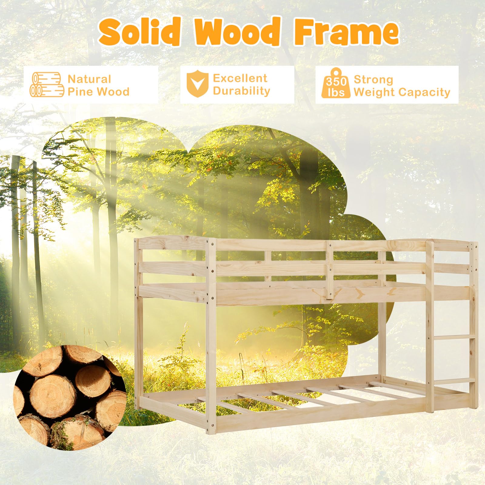 KOMFOTT Twin Over Twin Solid Wood Low Bunk Bed with Full Guardrails & Integrated Ladder