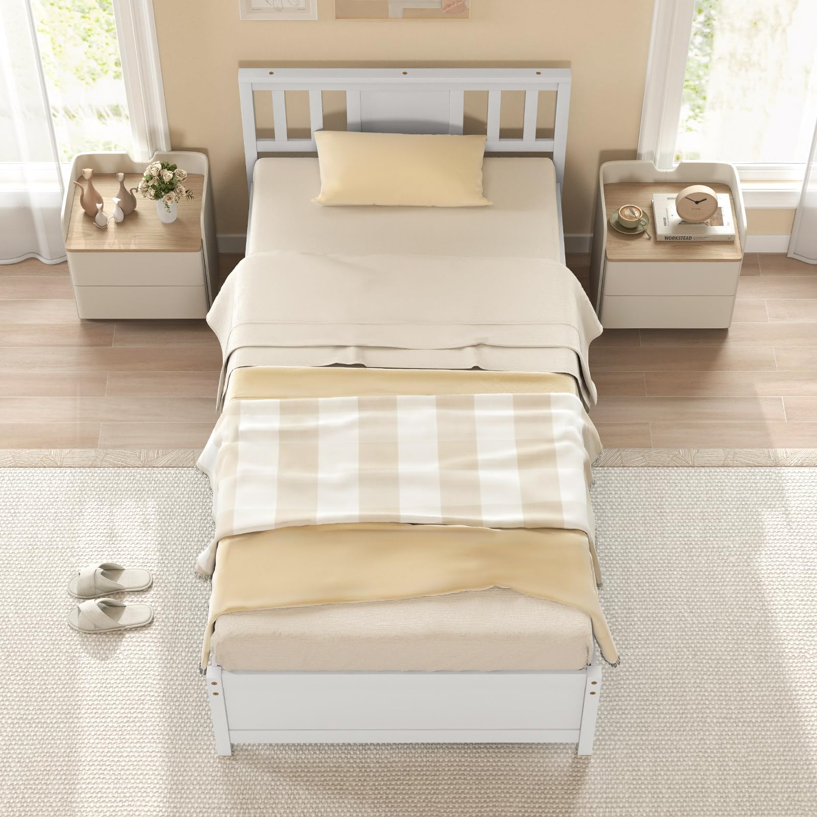 KOMFOTT  Wood Platform Bed Frame with Headboard Solid Wood Platform Bed
