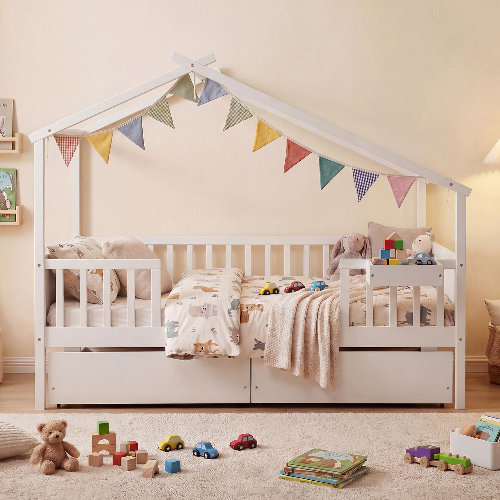 KOMFOTT Full Size House Bed for Kids with Roof & Fence Rails
