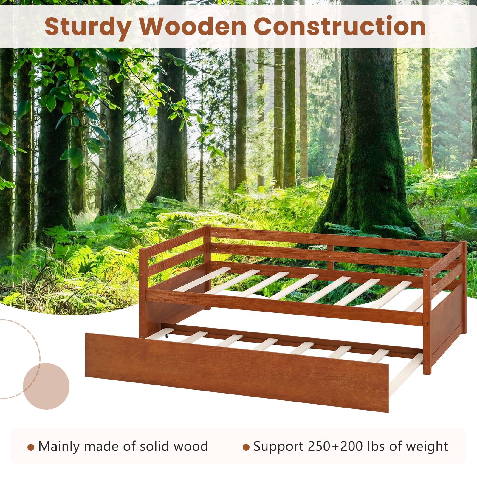 KOMFOTT Twin Daybed with Trundle, Wood Trundle Bed with Wood Slat Support