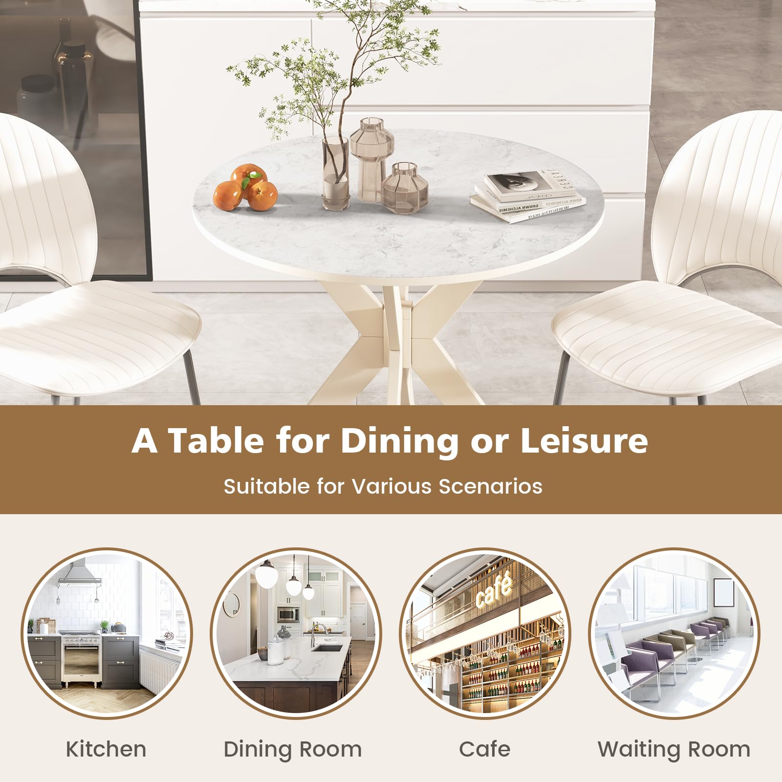 KOMFOTT 36" Round Dining Table, Solid Wood Kitchen Table with Intersecting Pedestal Base and Adjustable Foot Pads