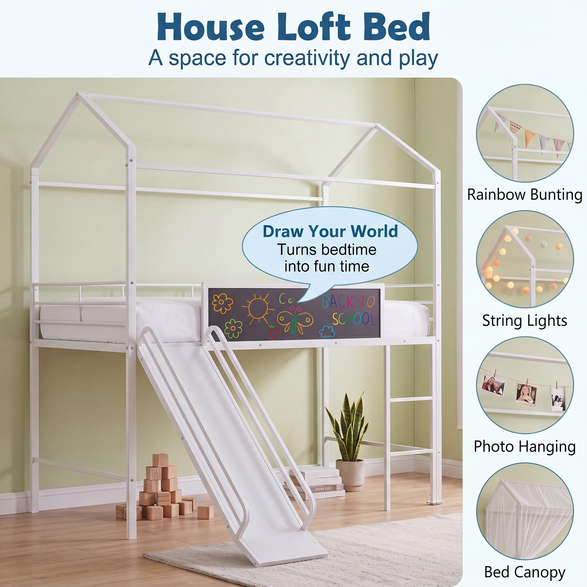 KOMFOTT Twin House Loft Bed for Kids House-Shaped Bed Frame Featuring Chalkboard