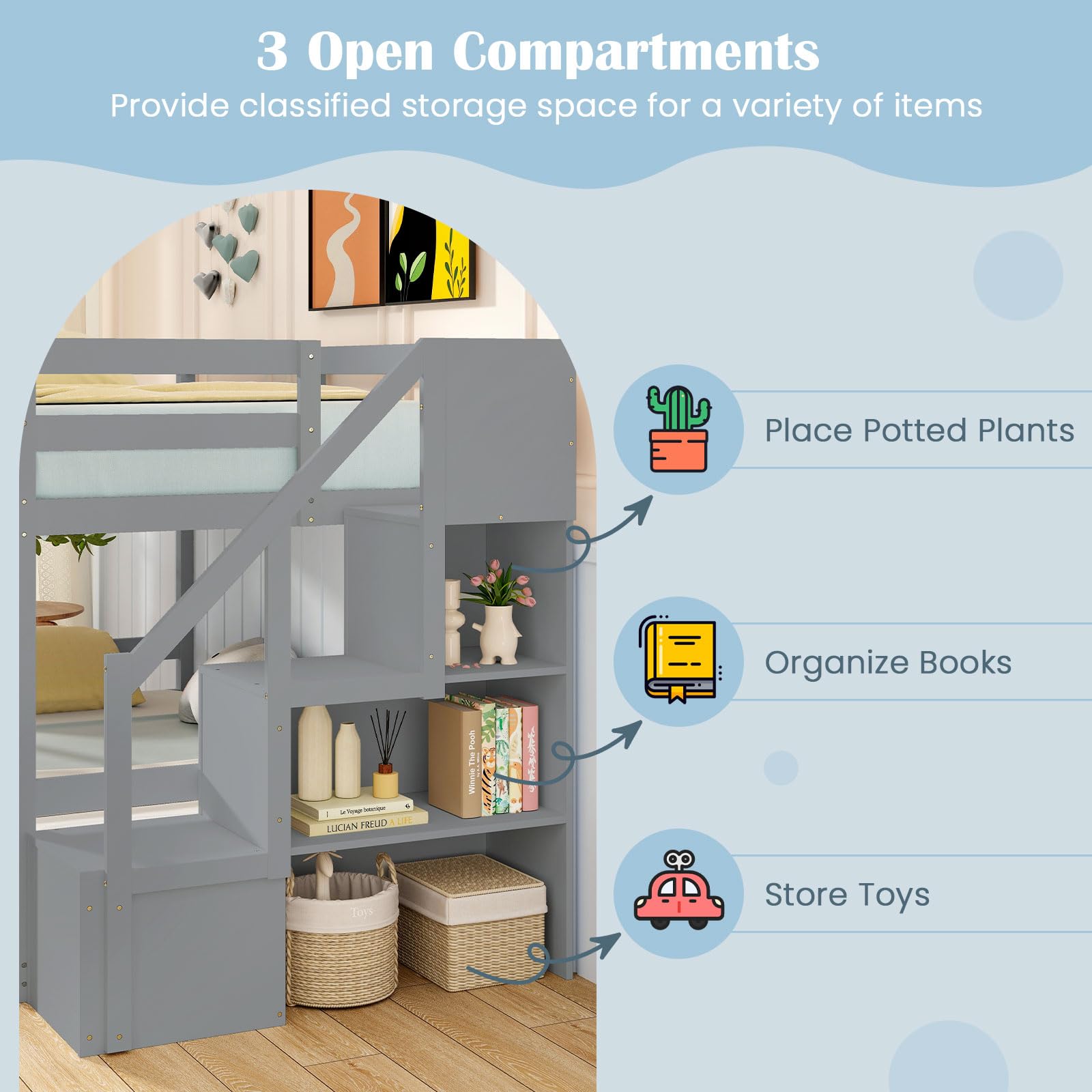 KOMFOTT Wood Twin Over Full Low Bunk Bed with Storage Staircase