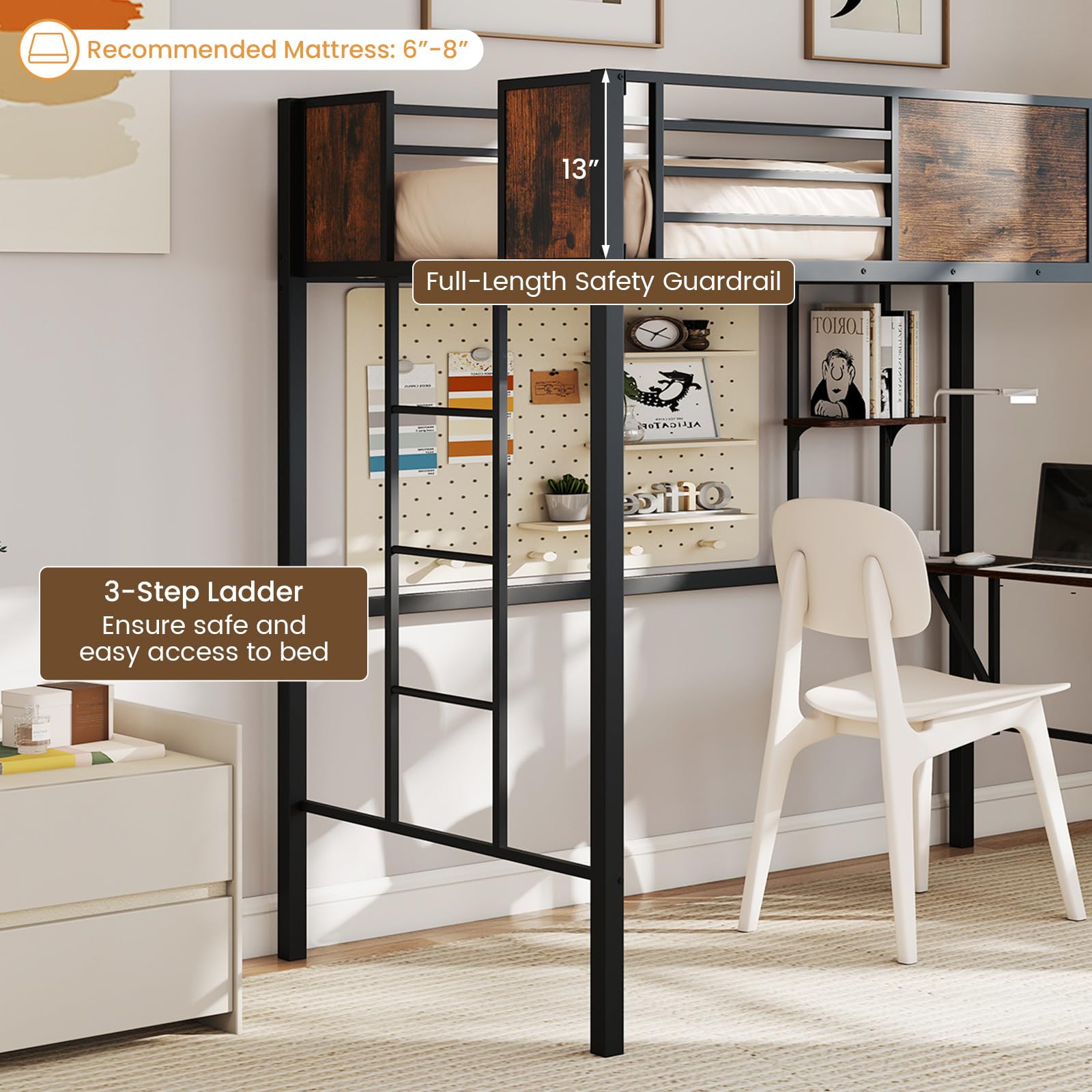 KOMFOTT Twin Size Loft Bed with Desk & Storage Shelf
