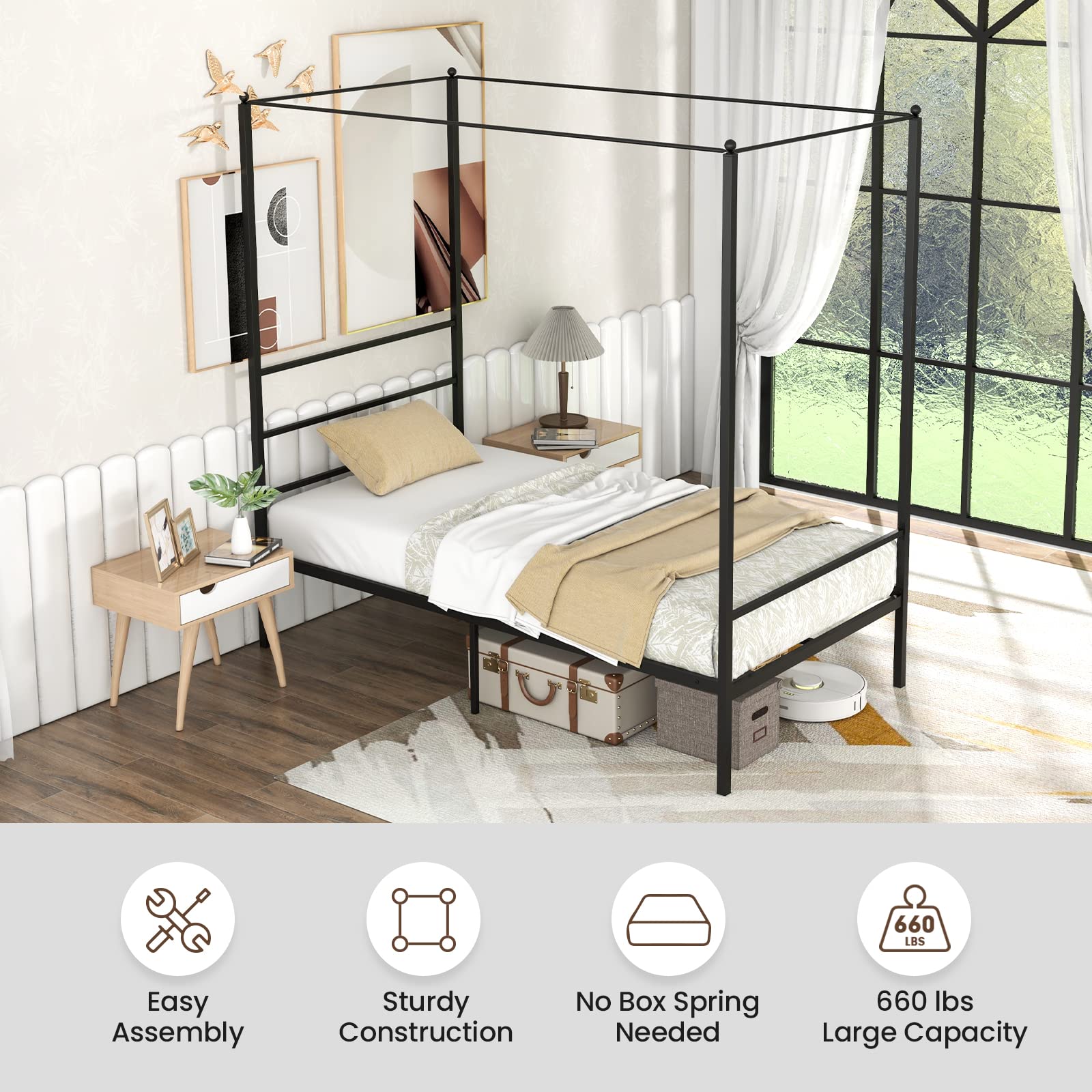 KOMFOTT Twin/Full/Queen/King Size Metal Canopy Bed Frame