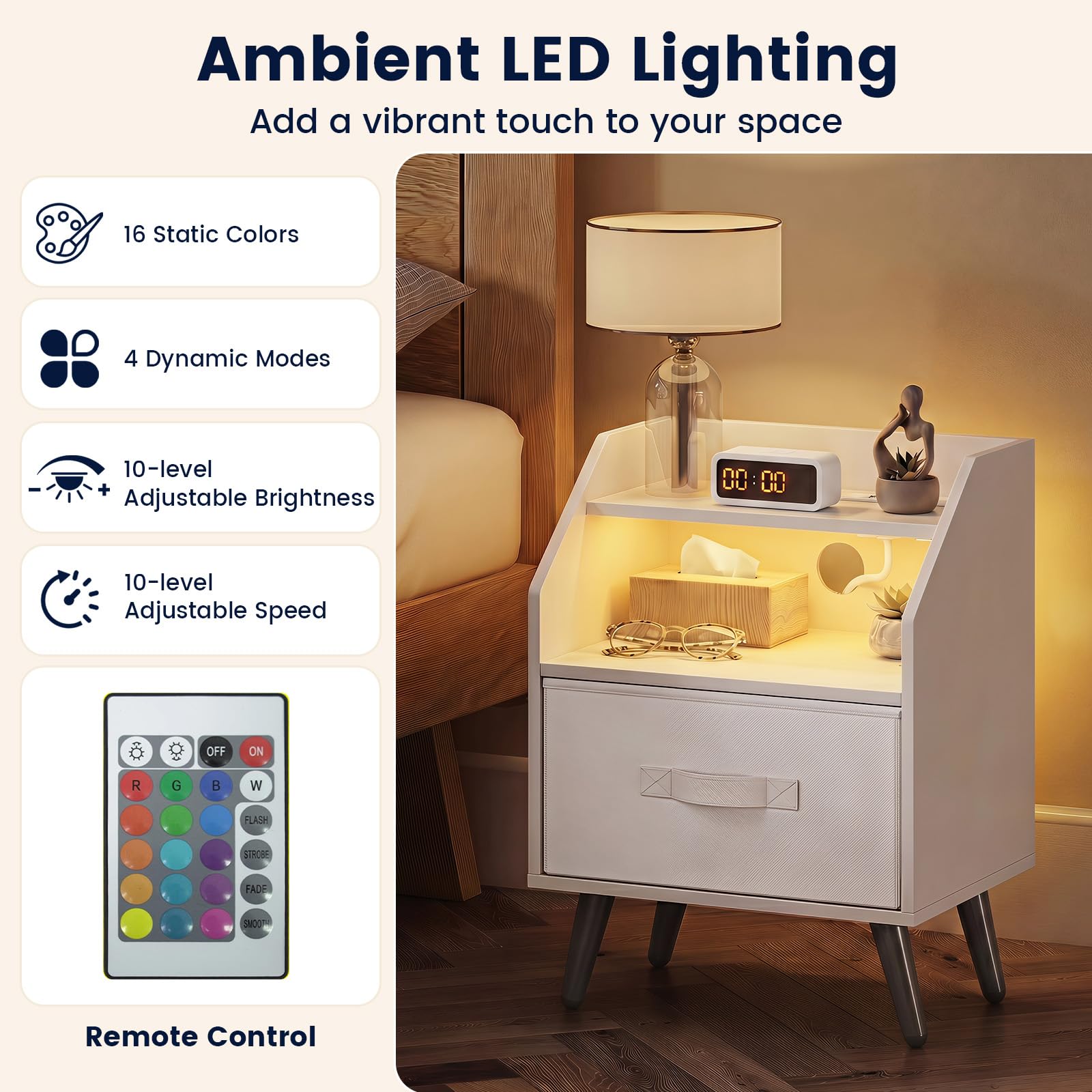 KOMFOTT Nightstand with LED Lights Charging Station & Fabric Drawer(1/2)