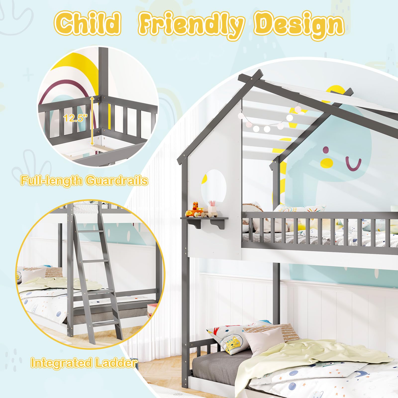 KOMFOTT Wood Twin Over Twin House Bunk Bed