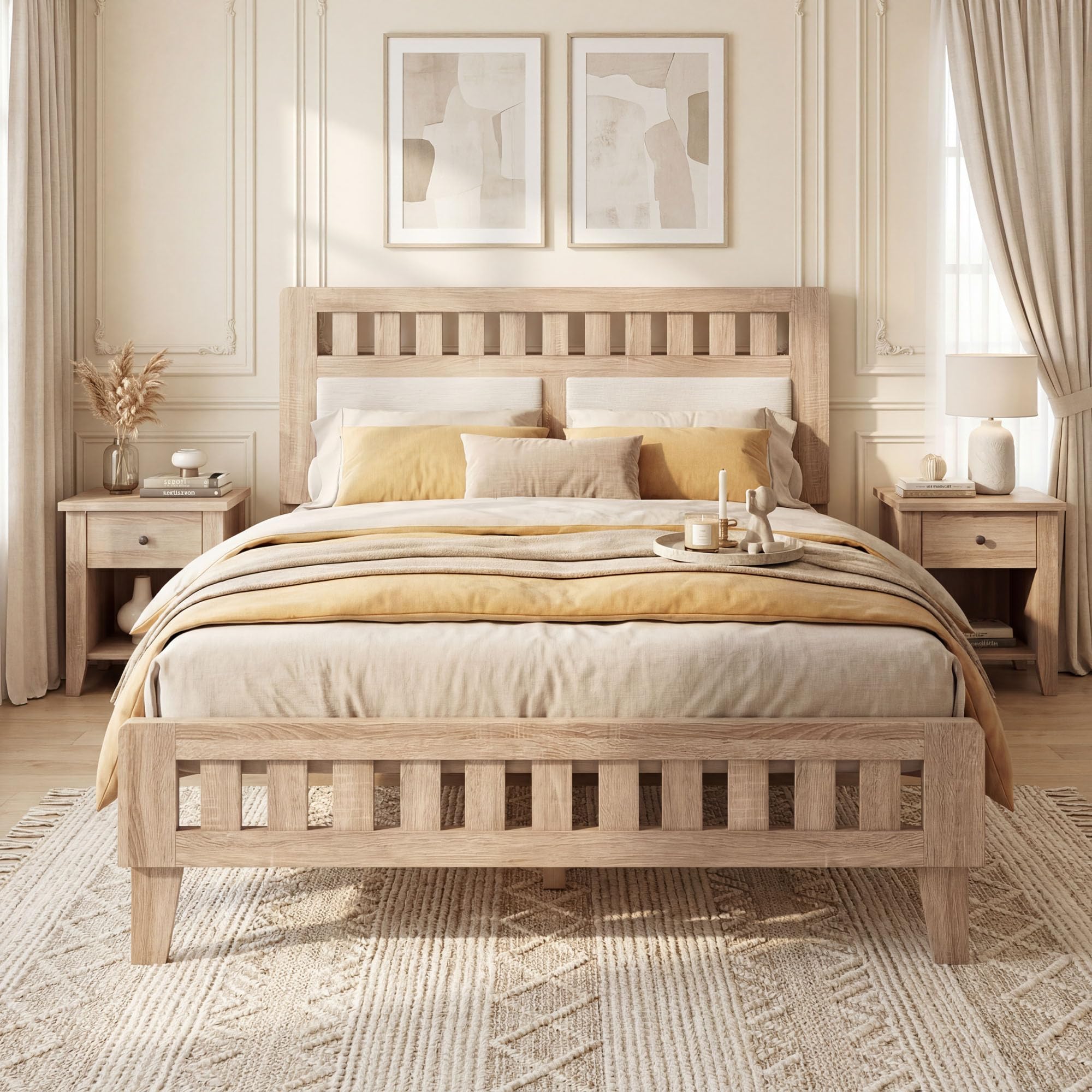KOMFOTT Full/Twin/Queen Wood Bed Frame with Upholstered Headboard