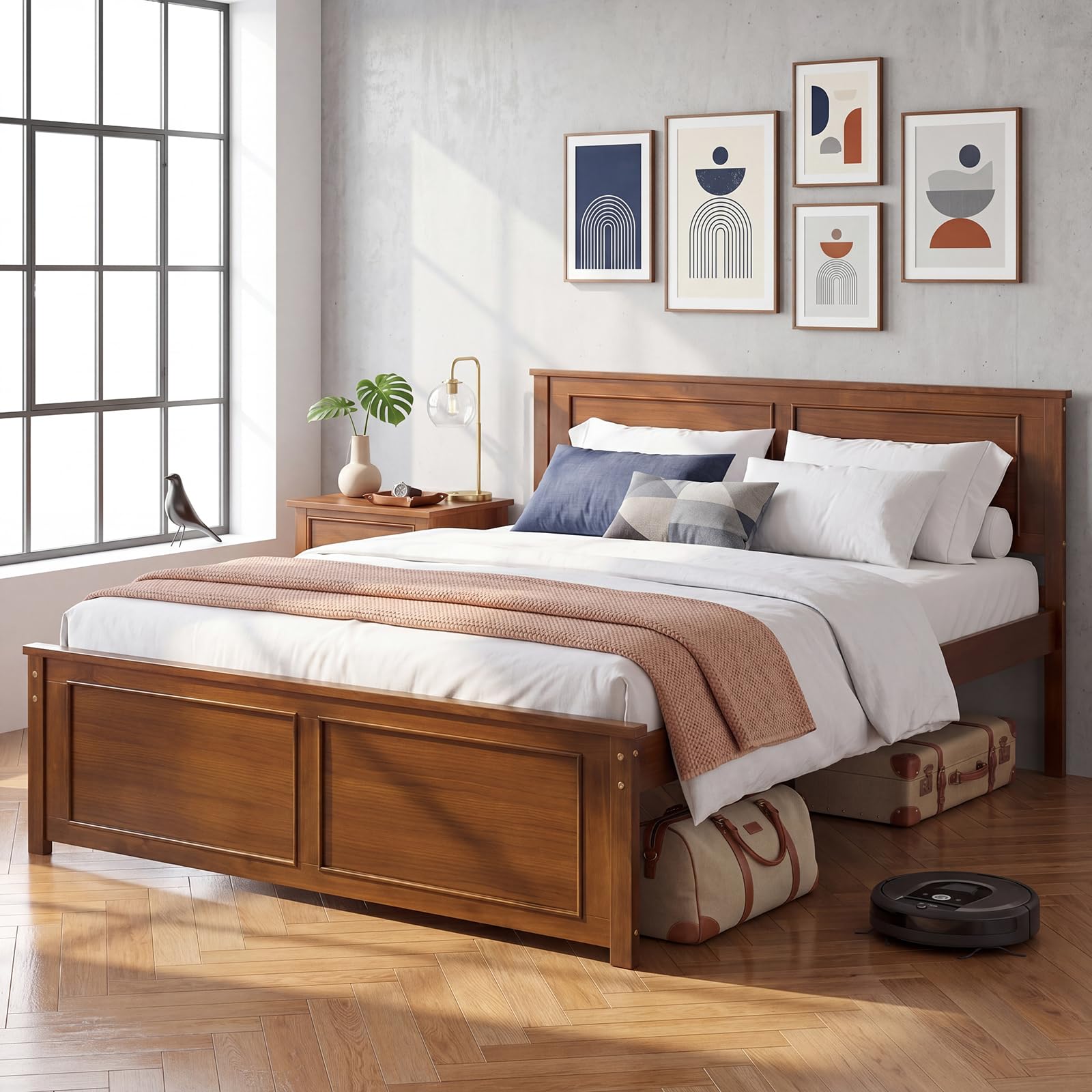 KOMFOTT Full Size Bed Frame Farmhouse Wooden Platform Bed