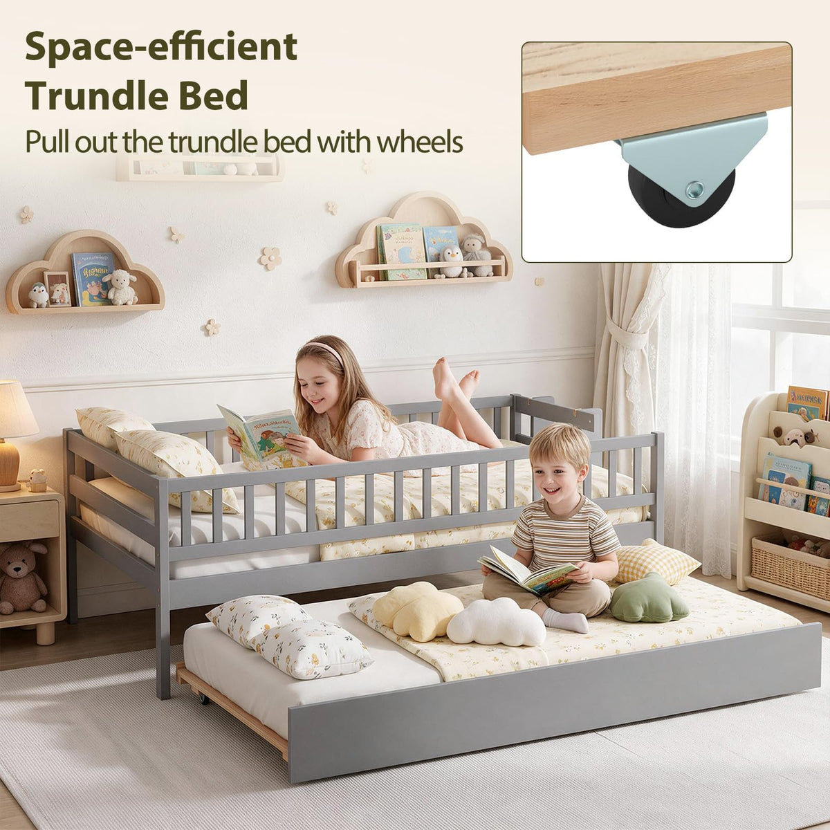 KOMFOTT Twin Bed Frame with Trundle & Bookshelf(with Trundle)