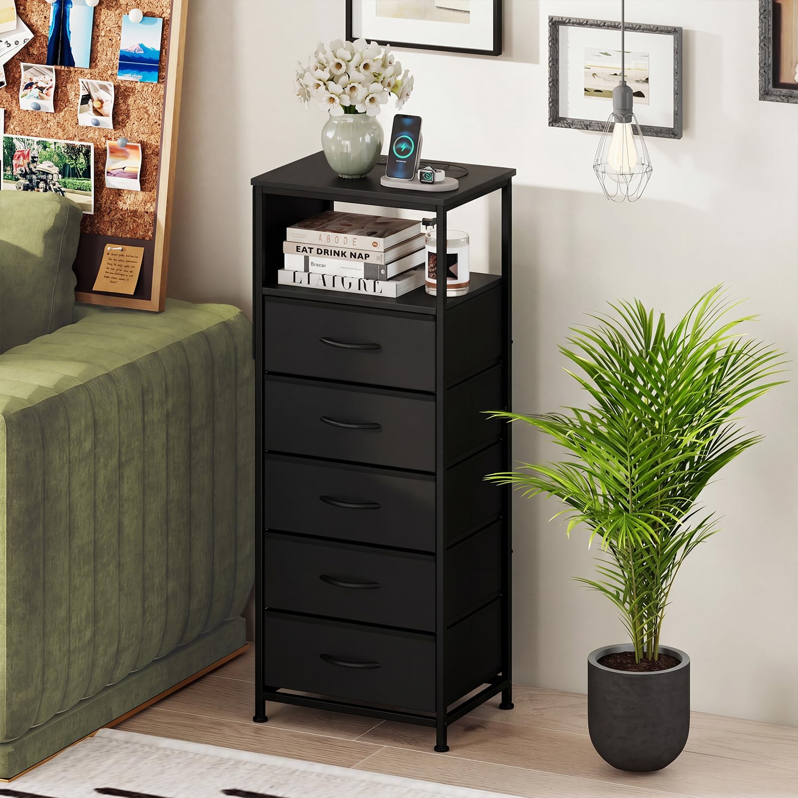 KOMFOTT 1/2 Nightstand with Integrated Charging Station 39" Tall Modern End Table(5 Drawers)