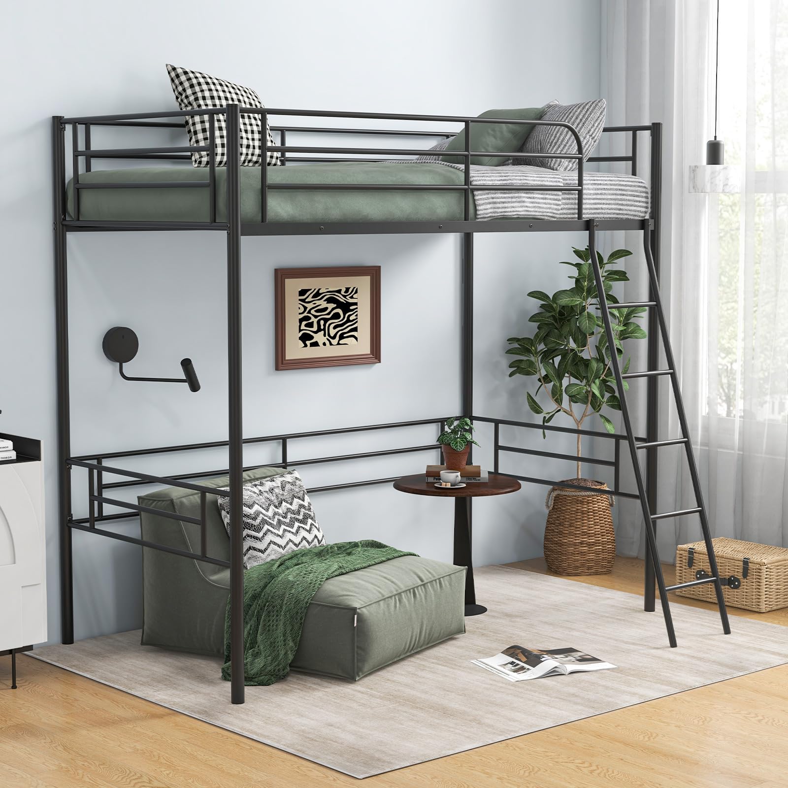 KOMFOTT Twin Size Loft Bed, Metal Loft Bed Frame with Ladder & Safety Guardrail