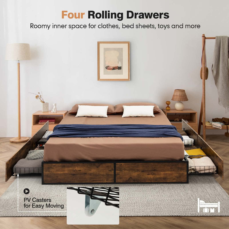 KOMFOTT Platform Bed Frame with 4 Rolling Storage Drawers, Industrial Metal Bed Frame with Reserved Holes for Headboard
