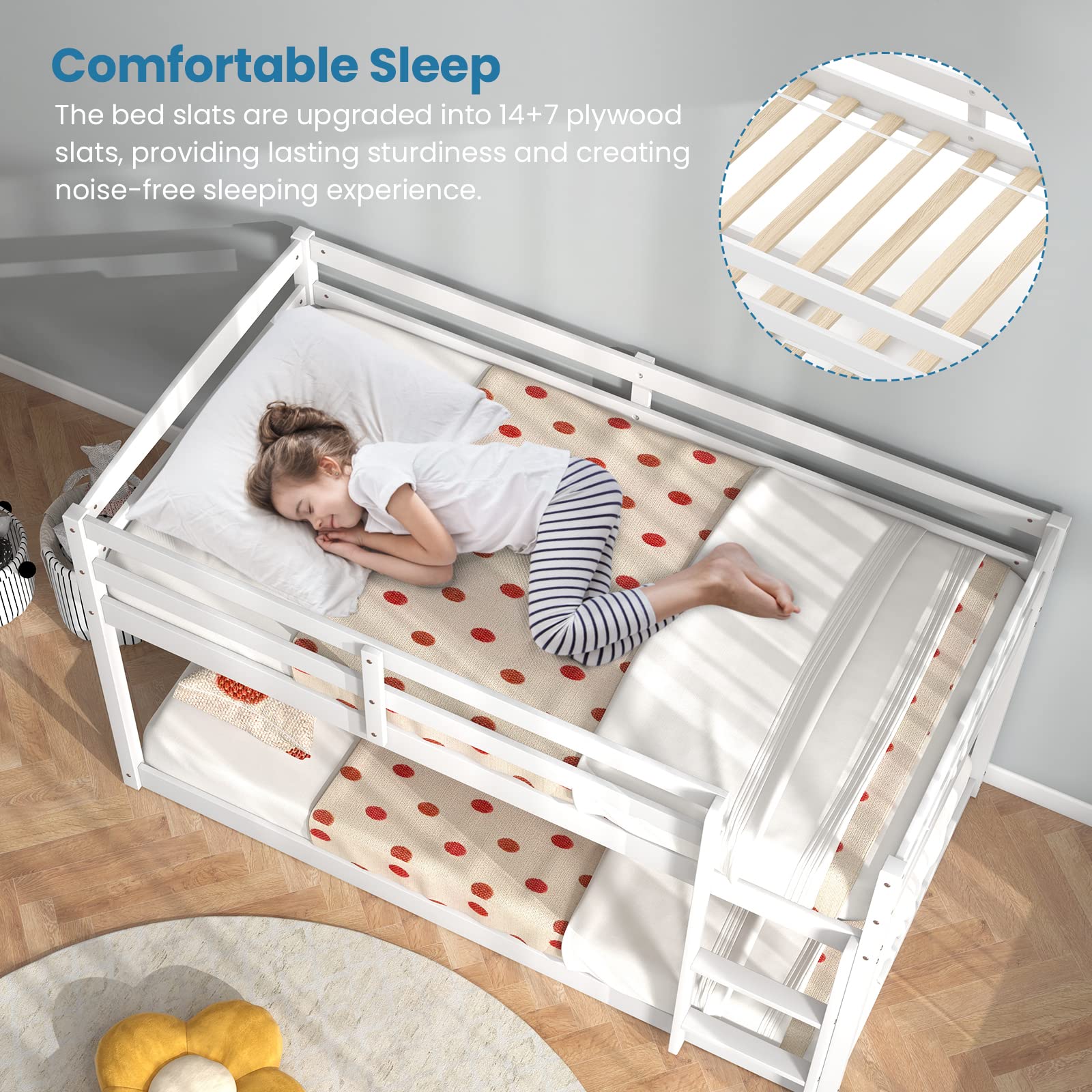 KOMFOTT Twin Over Twin Solid Wood  Low Bunk Bed with Built-in Ladder & Safety Guardrails