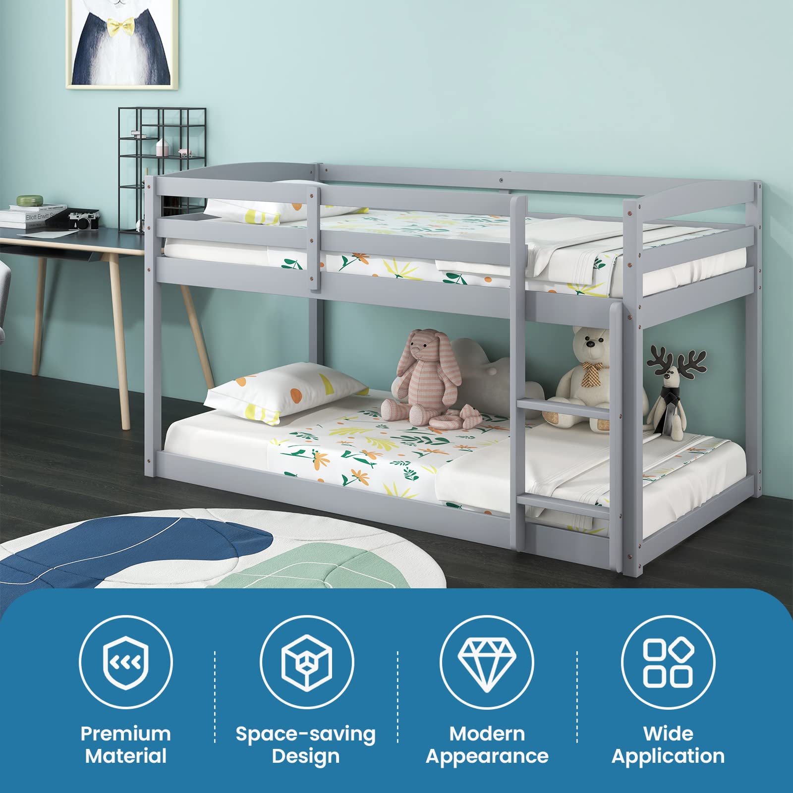 KOMFOTT Twin Over Twin Solid Wood Low Bunk Bed with Full Guardrails & Integrated Ladder