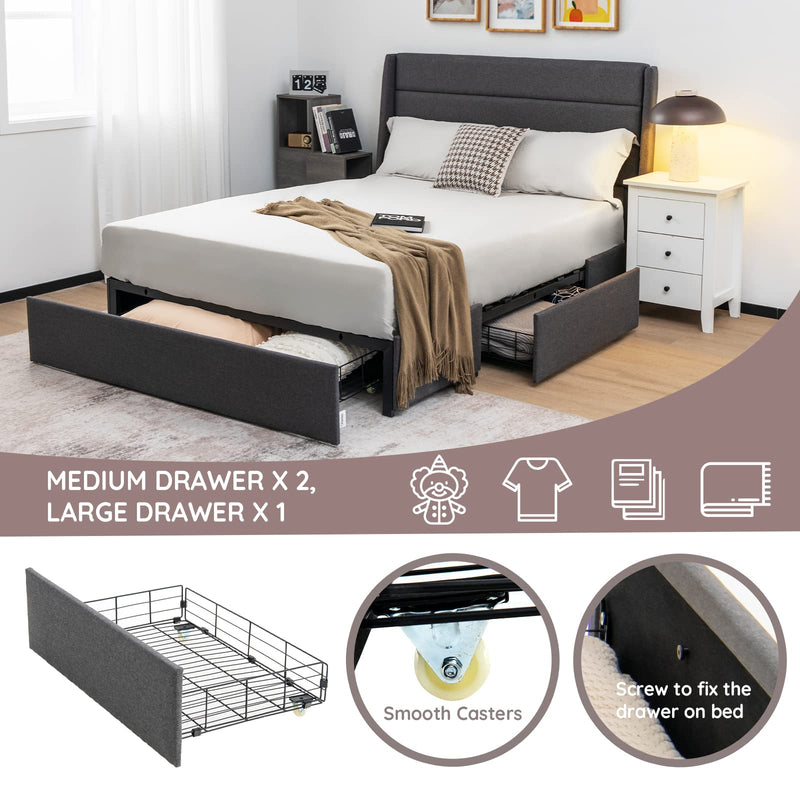 KOMFOTT Bed Frame with 3 Drawers, Heavy Duty Full Queen Size Platform Bed with Wooden Slats