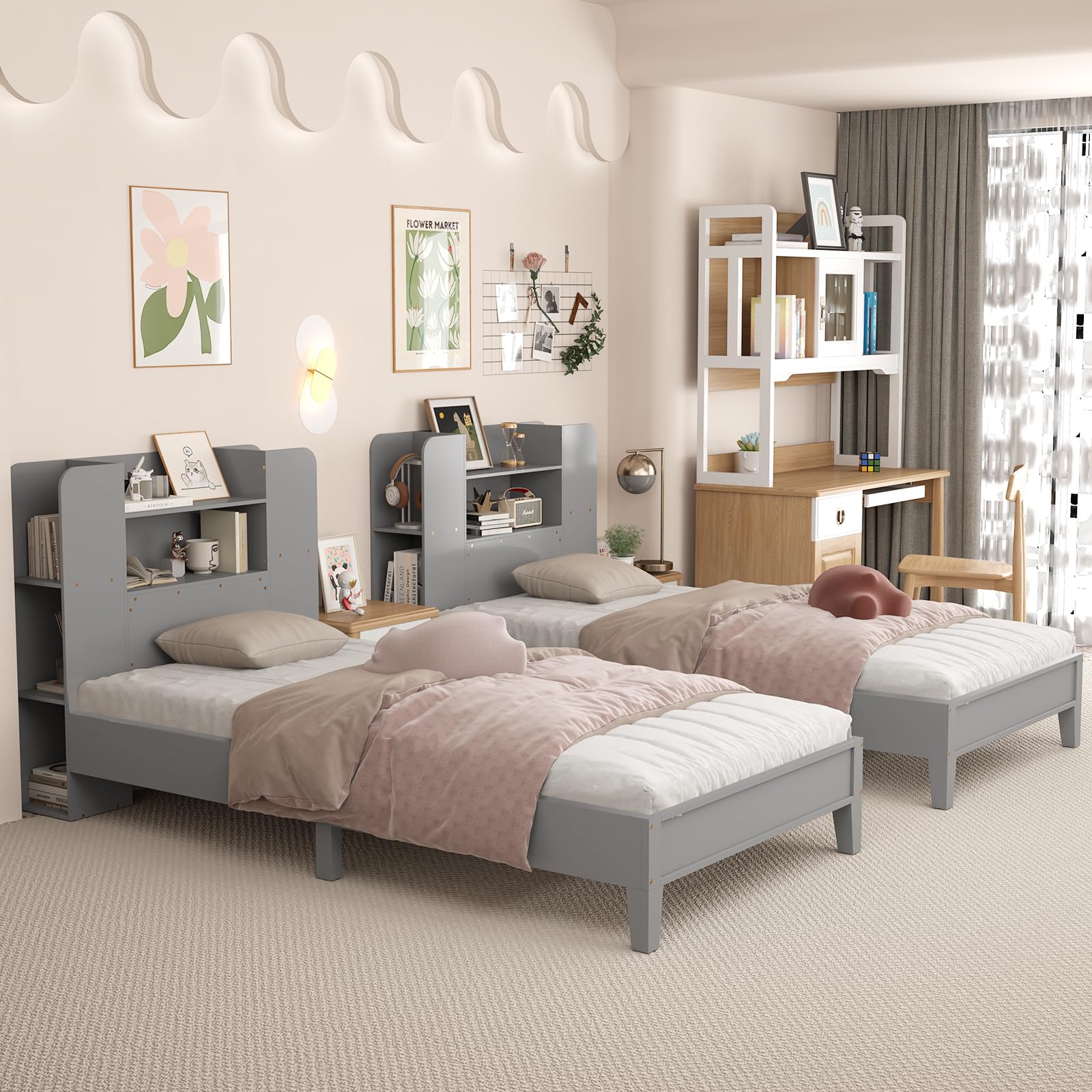 KOMFOTT Twin Wood Platform Bed Frame with Bookcase Headboard