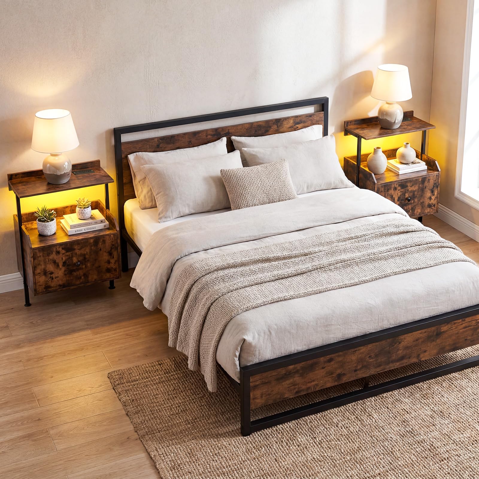 KOMFOTT Nightstand with LED Lights & Charging Station (21" x 16" x 29.5")