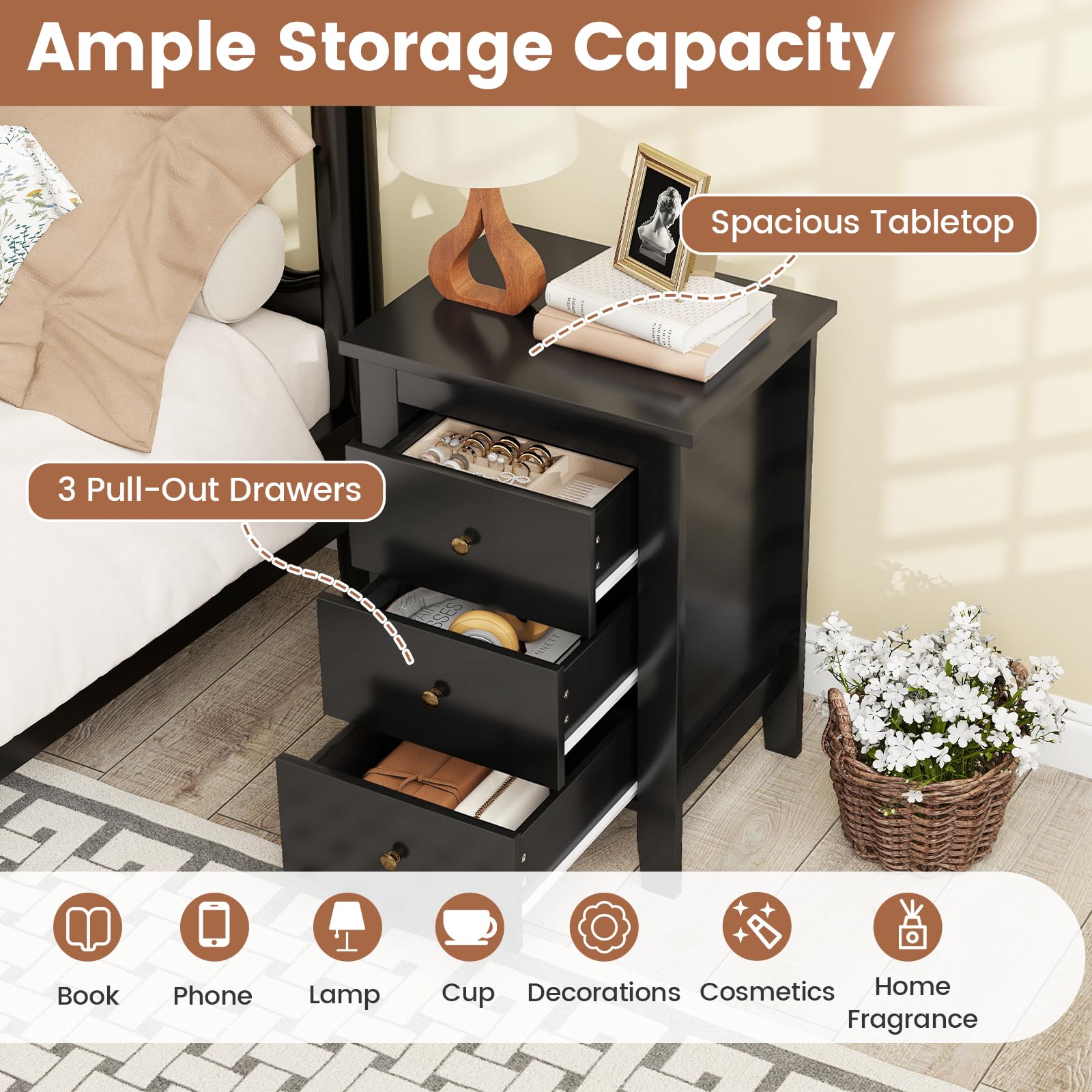 KOMFOTT 3 Drawers Nightstand Set of 1/2（18" x 14.5" x 26"）