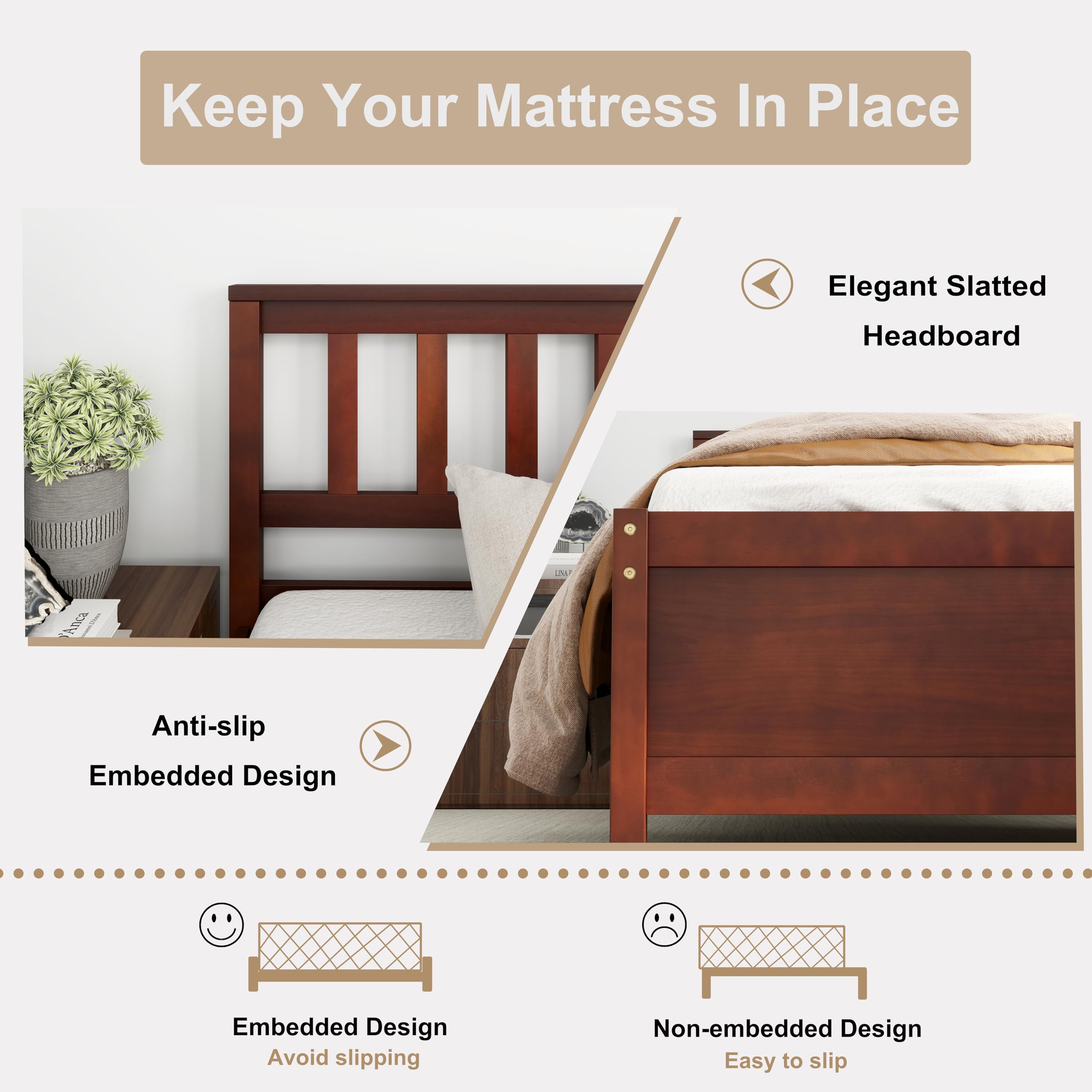 KOMFOTT Twin/Full/Queen Size Wood Platform Bed Frame with Headboard