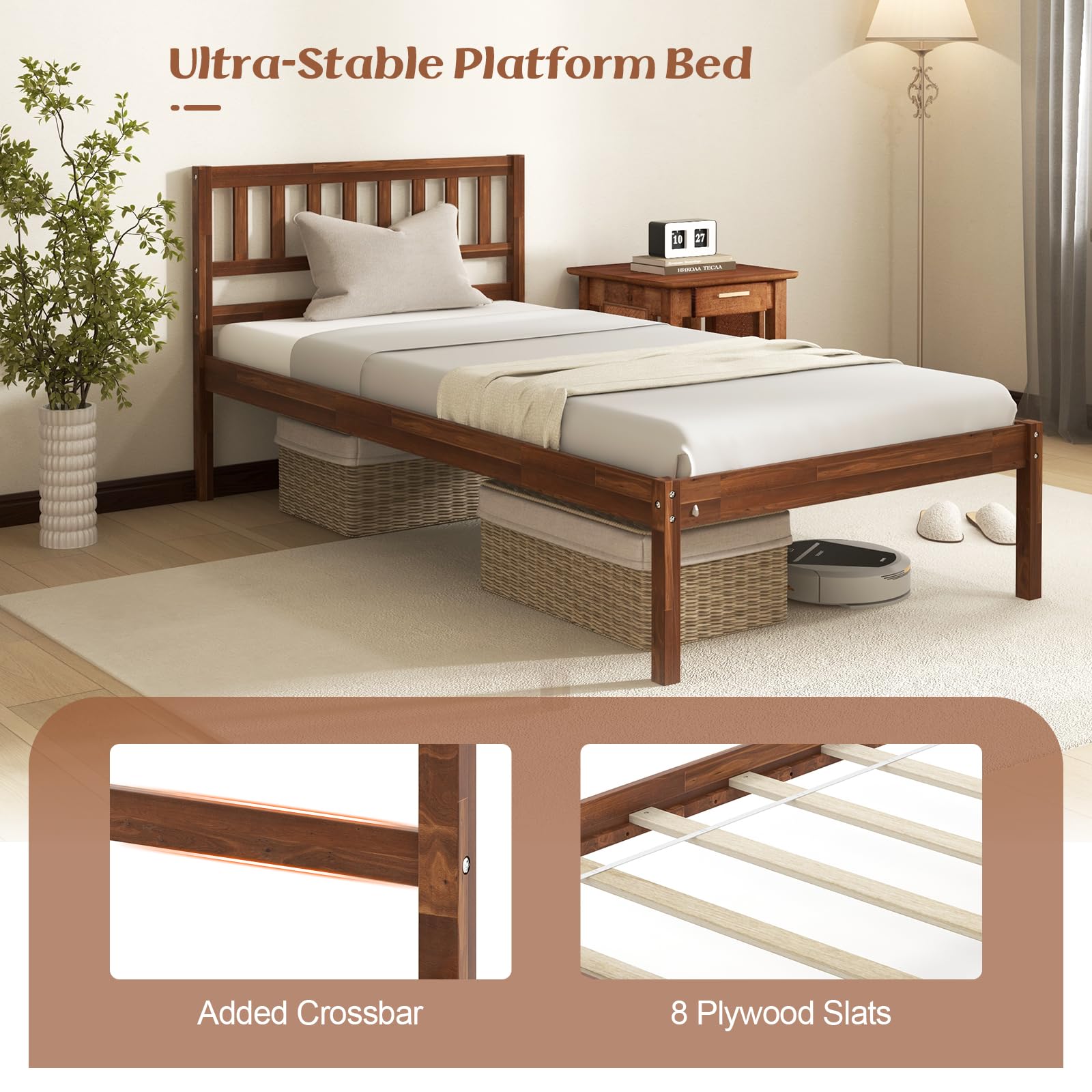 KOMFOTT Wood Platform Bed Frame with Headboard